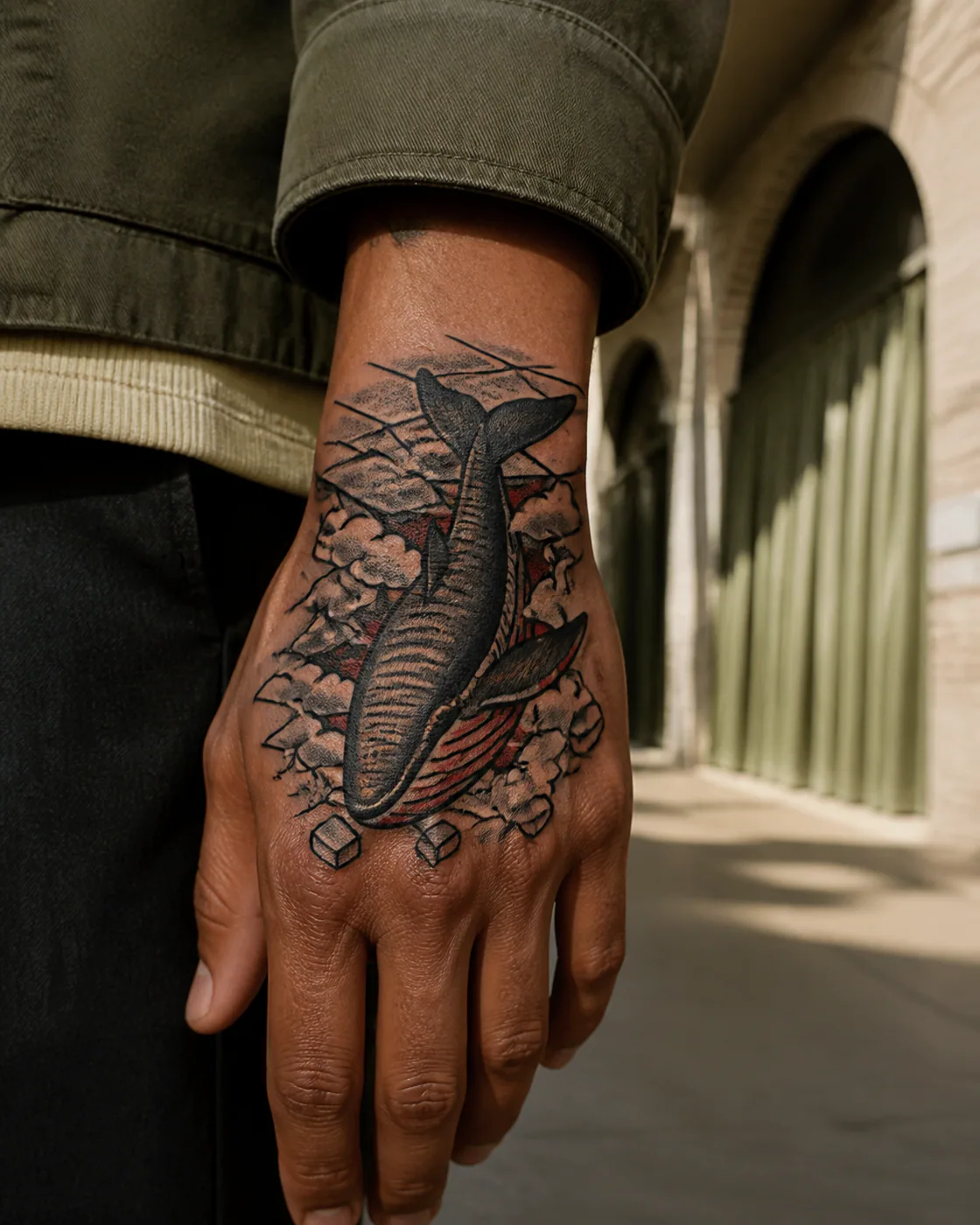American Traditional tattoo of a whale swimming through the ceiling of an empty room executed as a healed cover-up on the back of hand