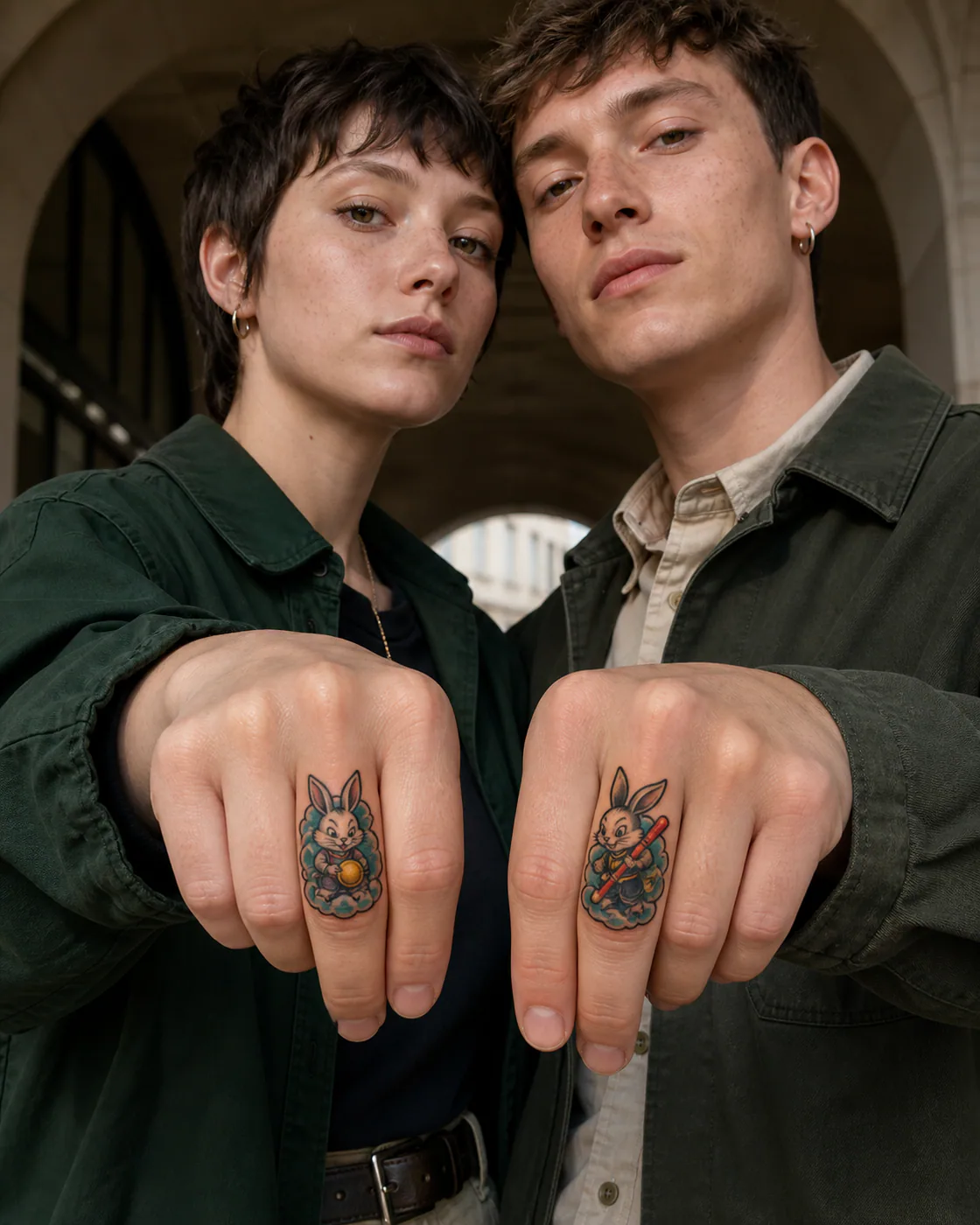 New School tattoo of a moon rabbit guardian standing inside a ring of clouds as a complementary couple tattoo pair on the finger