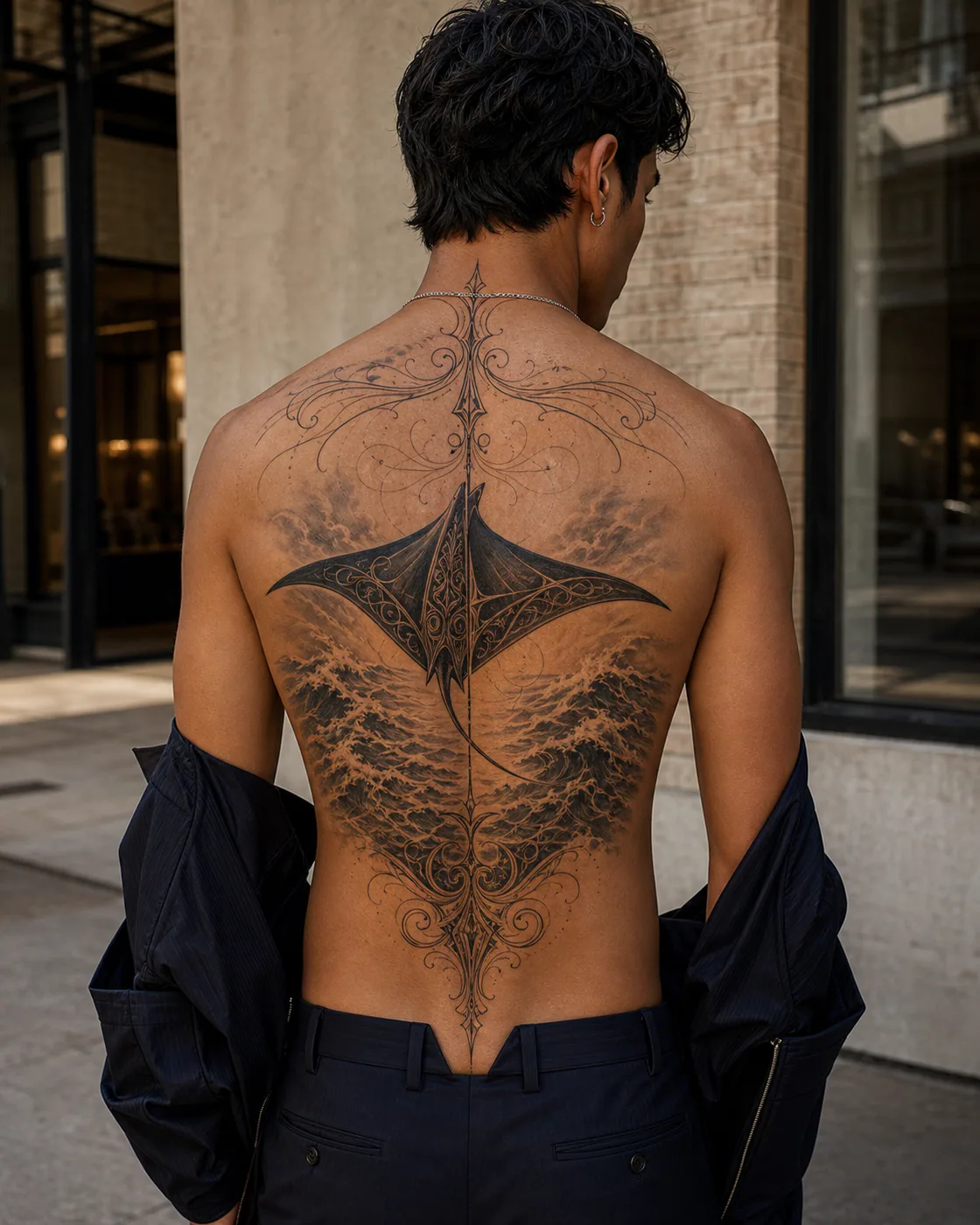 Ornamental tattoo of a manta-shaped sail crossing a field of whitecaps on the full back