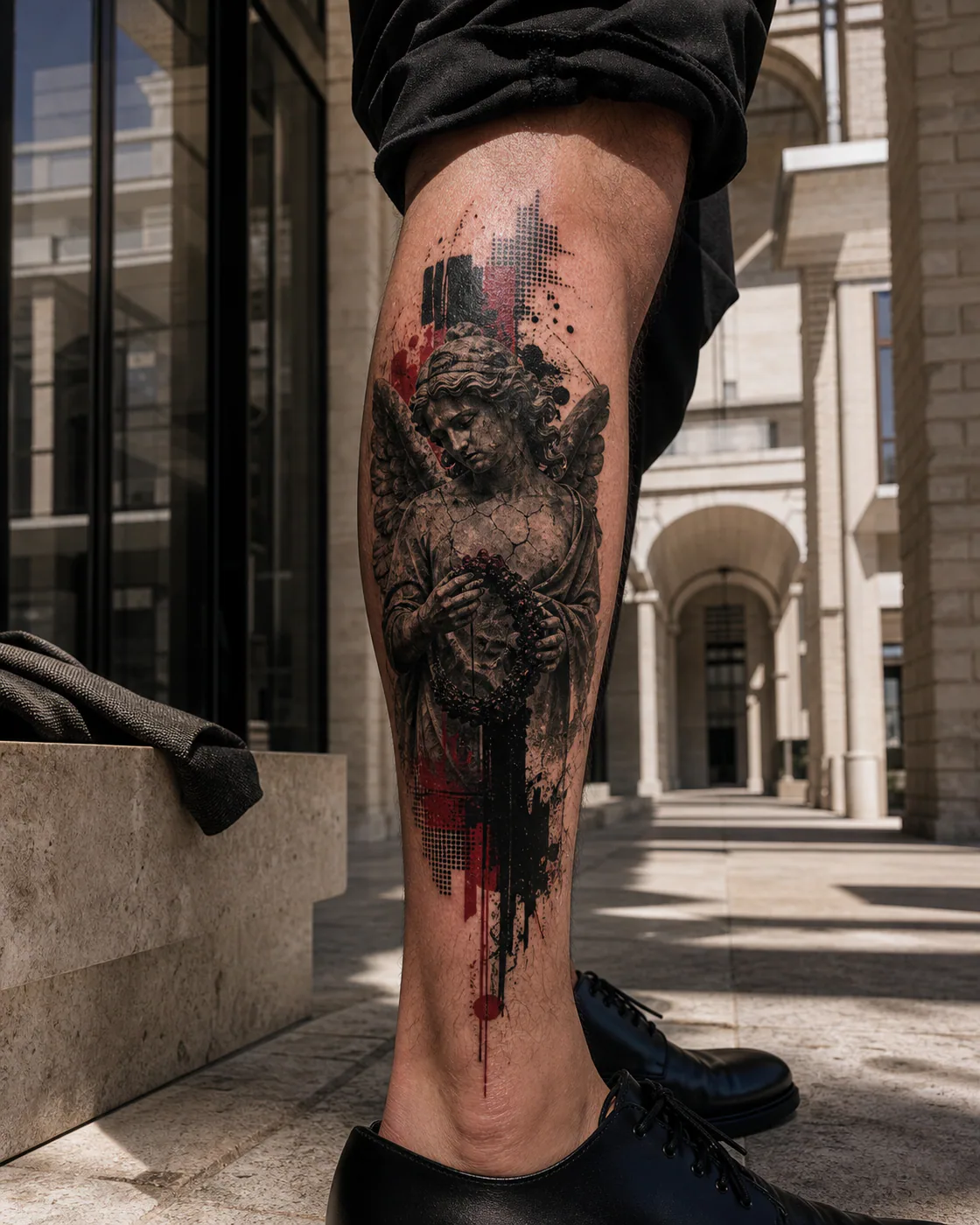 Trash Polka tattoo of a cracked stone angel holding a wreath of blackberries on the calf