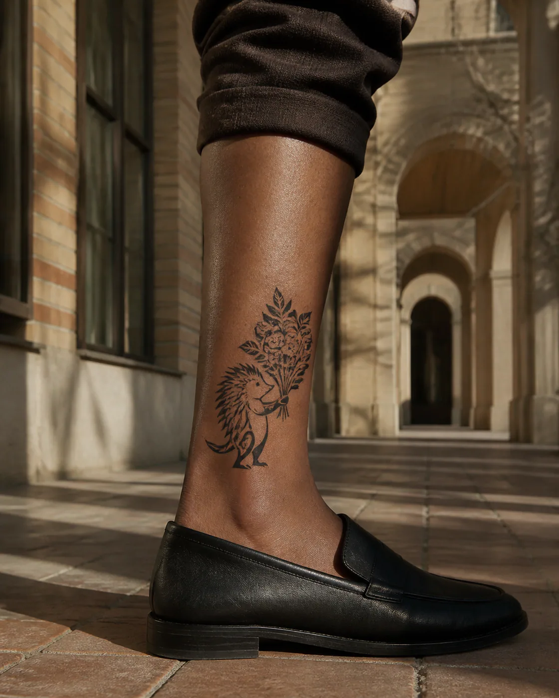 Tribal tattoo of a hedgehog carrying a bouquet larger than its body with a three-part family motif on the ankle