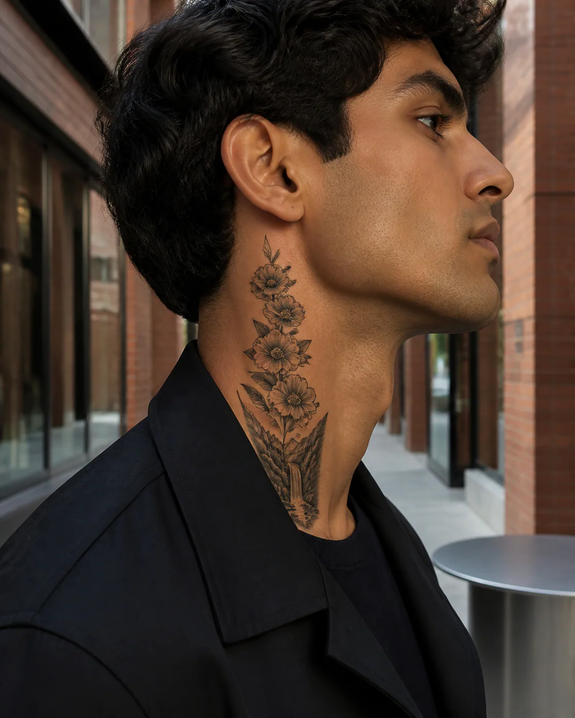 Floral tattoo of a glacier valley opening beneath fractured blue ice with a three-part family motif on the side of neck