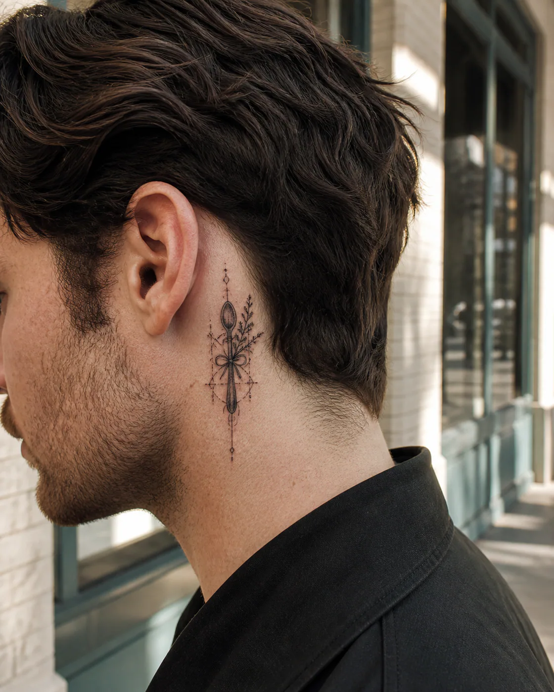 Cybersigilism tattoo of a worn recipe spoon tied with a sprig of thyme on the behind the ear