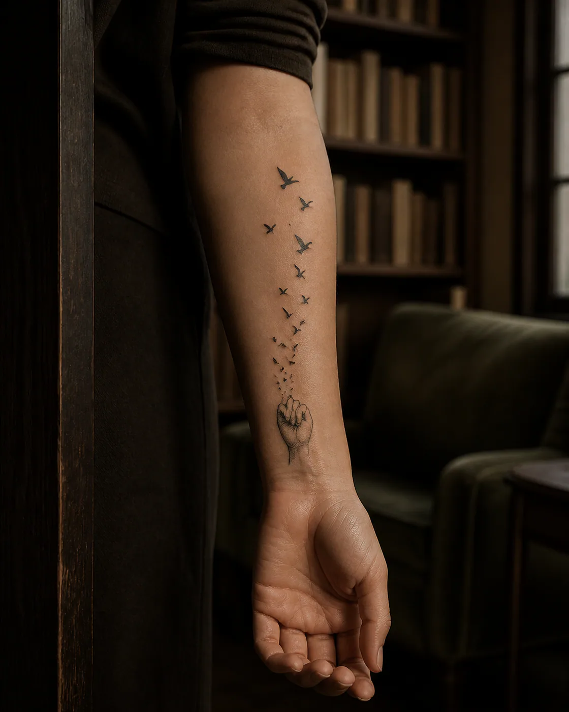 Minimalist tattoo of a closed fist gradually opening into a flock of swifts on the forearm