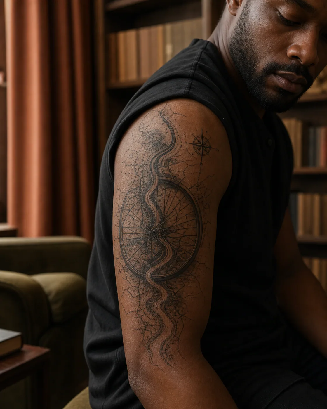 Black and Gray tattoo of a bicycle wheel crossing a map of river paths on the upper arm