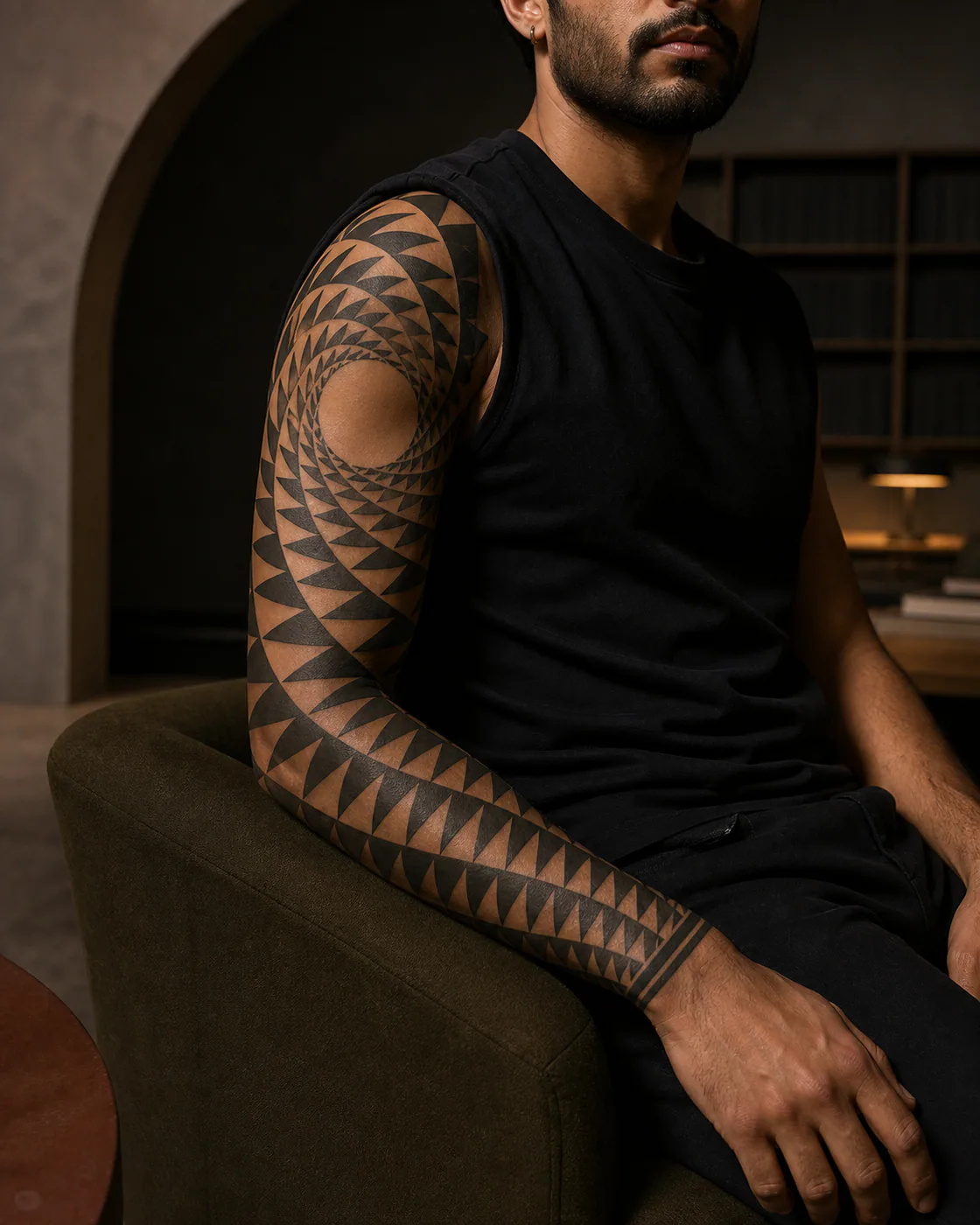 Blackwork tattoo of a field of triangles folding around a circular void on the full sleeve