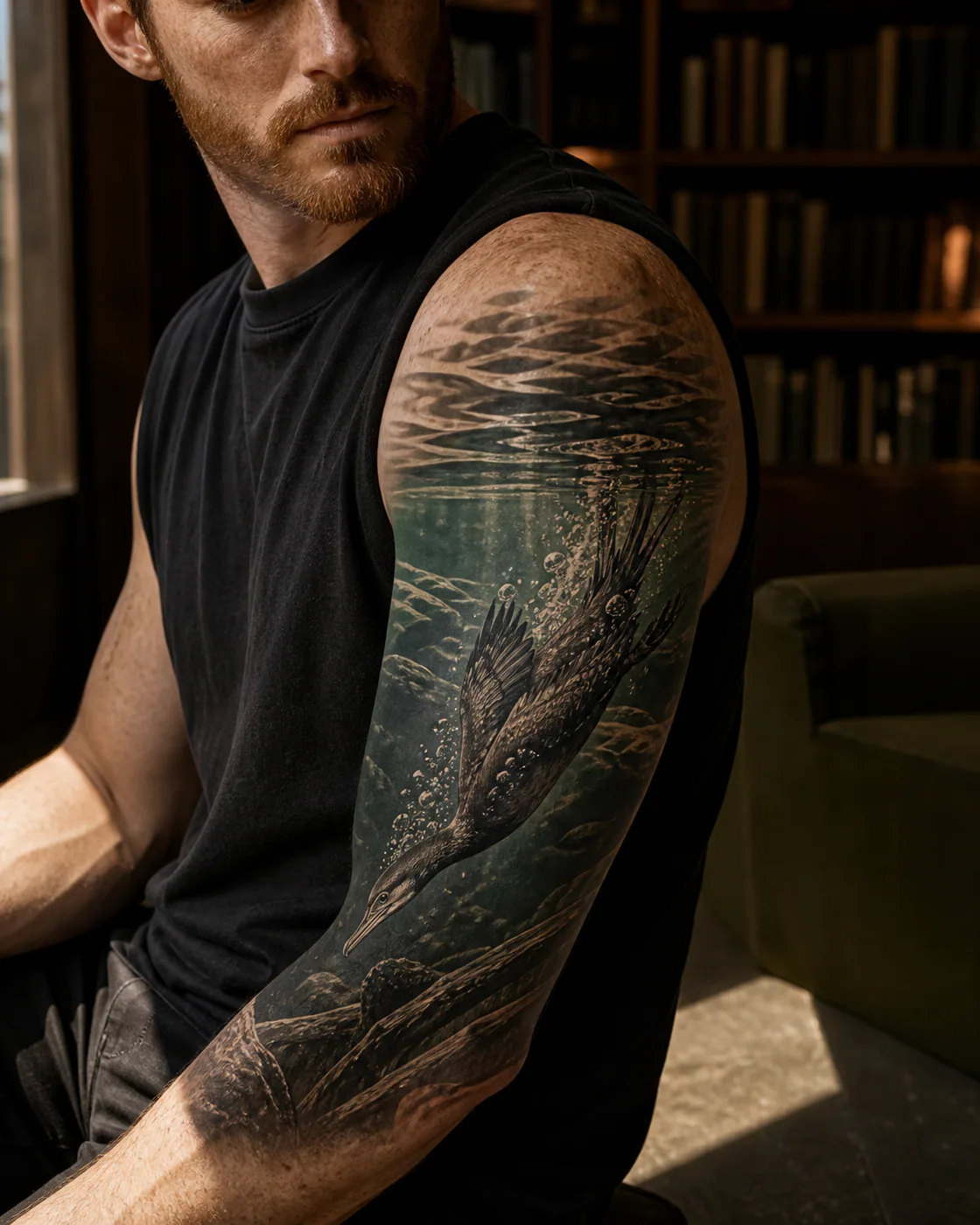 Realism tattoo of a diving cormorant passing through bands of green water on the half sleeve