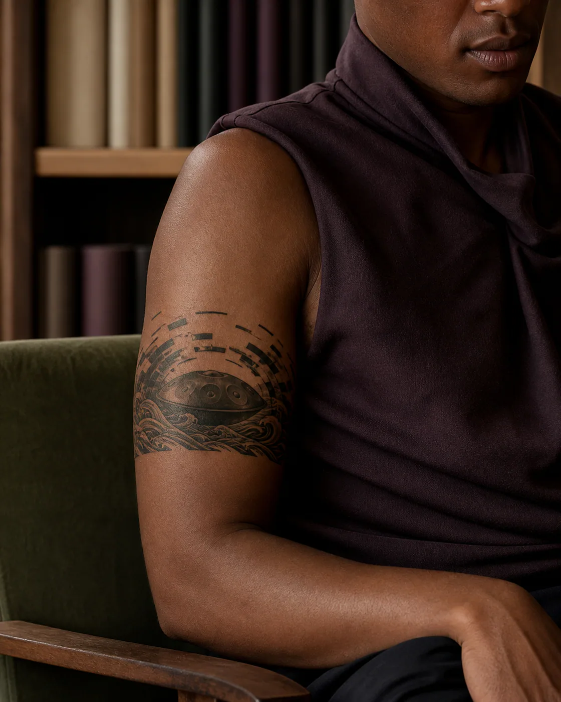 Japanese tattoo of a handpan releasing rings of softly broken geometry on the armband