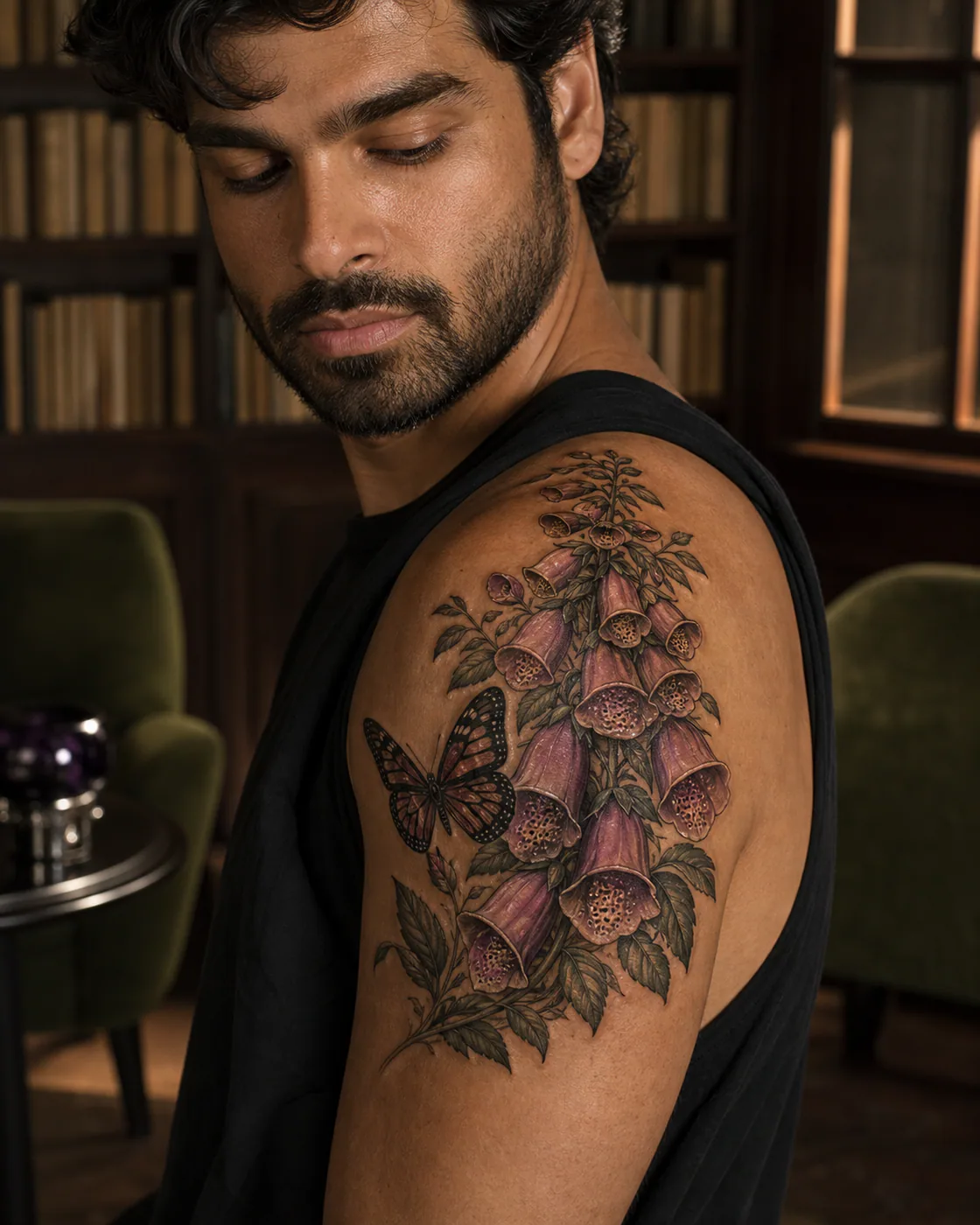 Neo-Traditional tattoo of a cascade of foxgloves with alternating bell-shaped blooms with an integrated butterfly on the shoulder cap