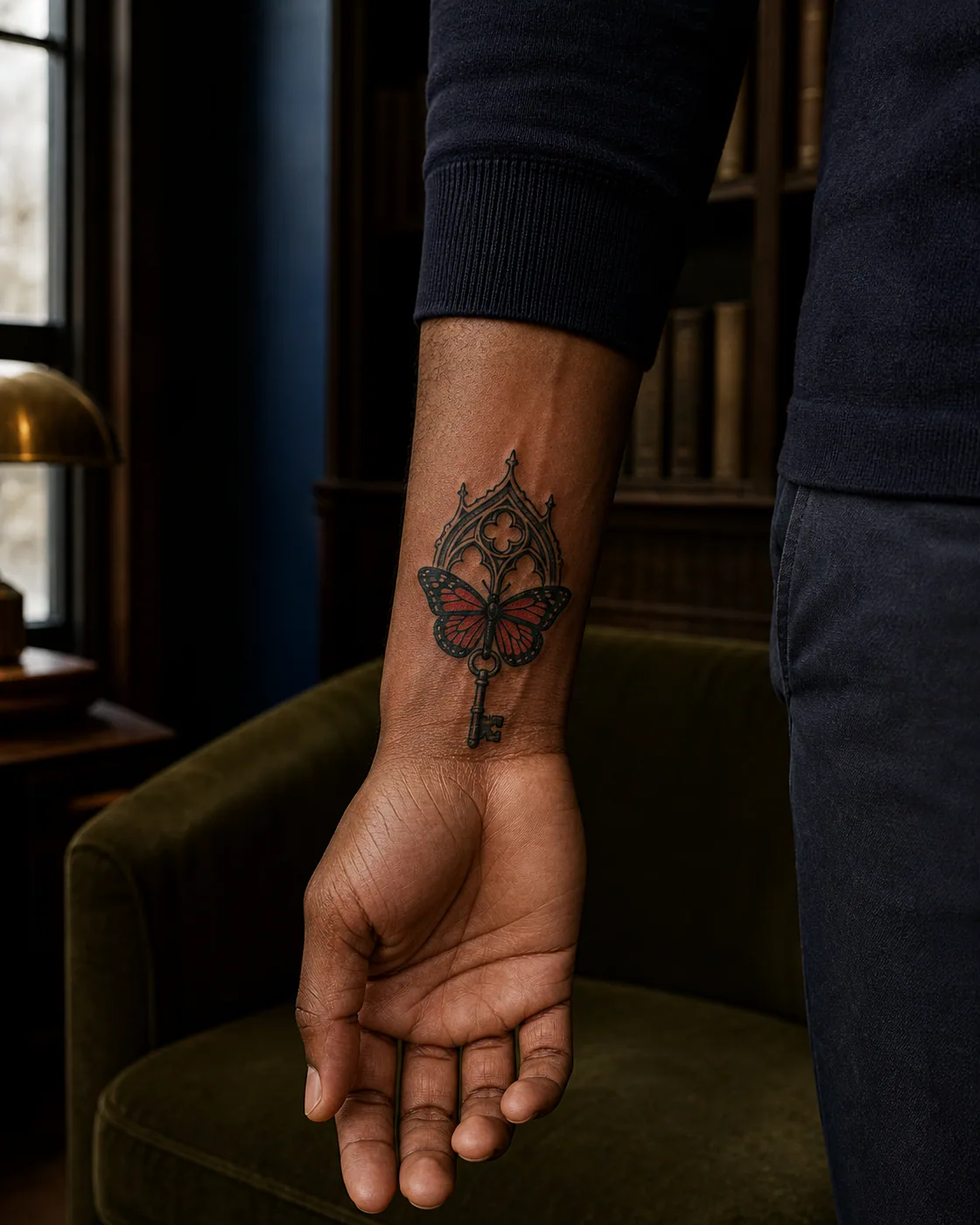 American Traditional tattoo of an iron key suspended beneath pointed gothic tracery with an integrated butterfly on the wrist
