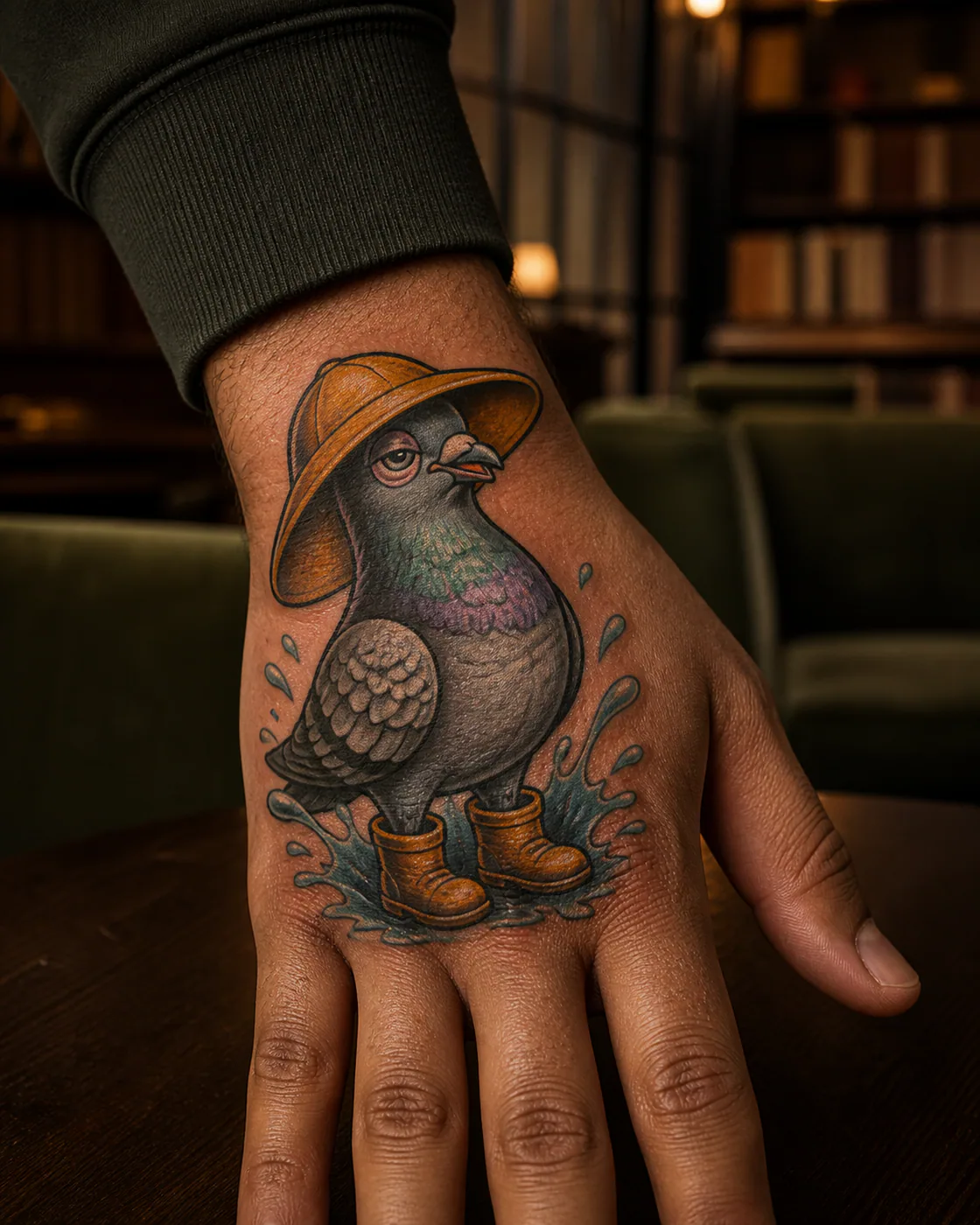 New School tattoo of a pigeon proudly wearing an oversized rain hat on the back of hand
