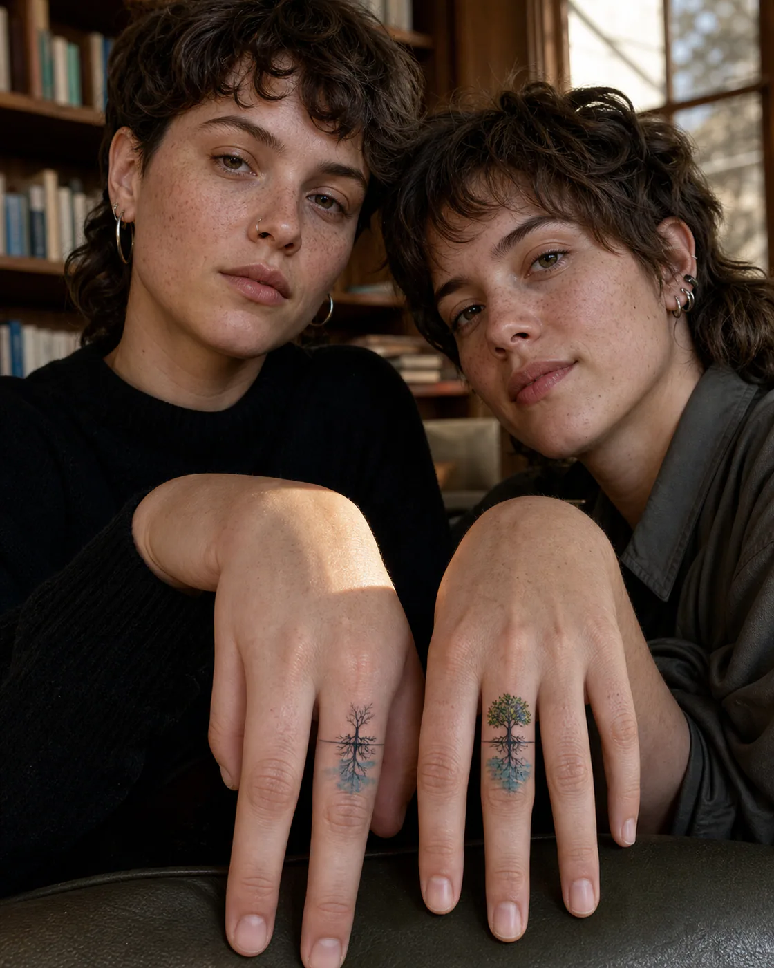 Watercolor tattoo of a mangrove root system rising from a calm tidal mirror as a complementary couple tattoo pair on the finger