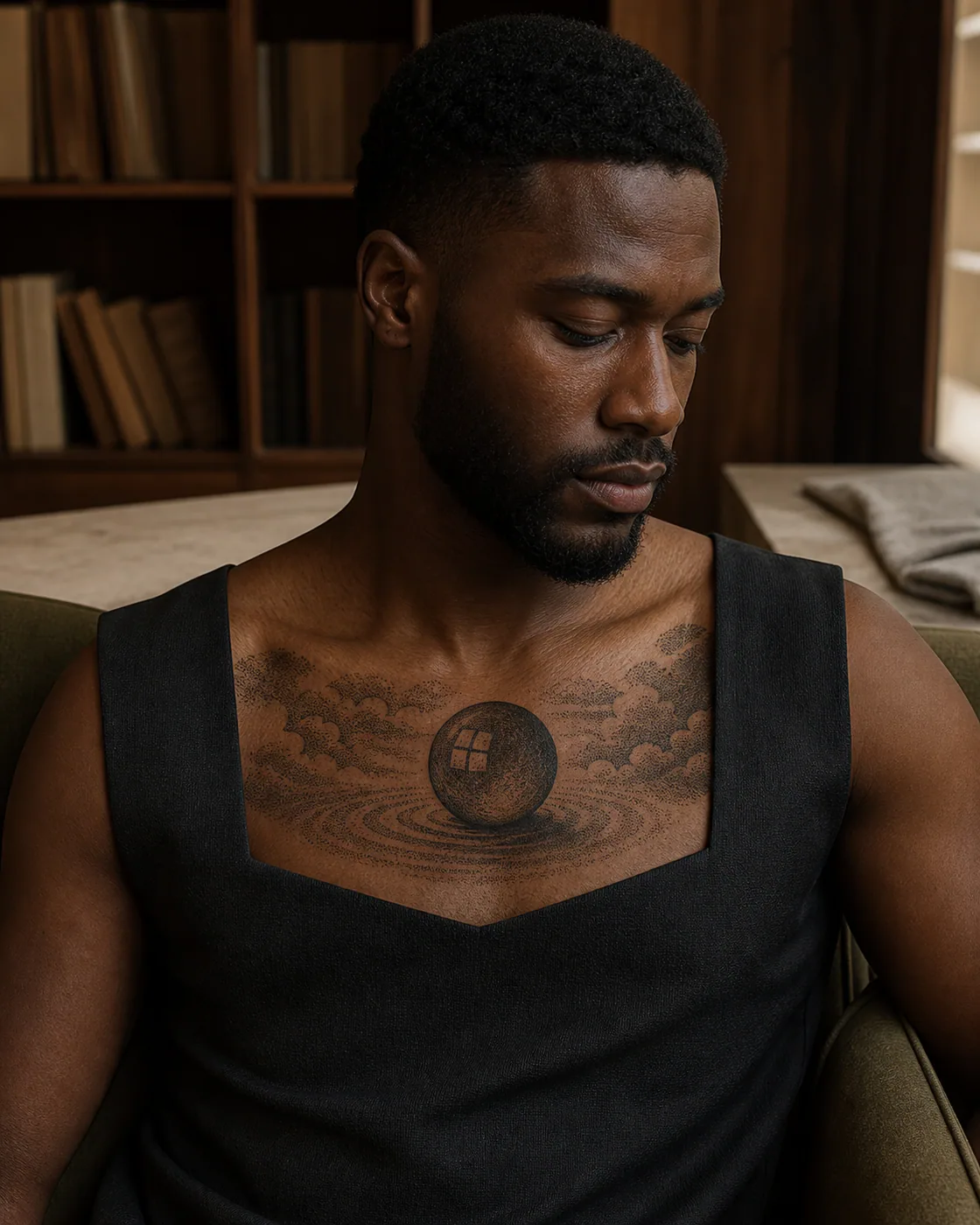 Dotwork tattoo of a childhood marble holding a tiny reflected window on the chest