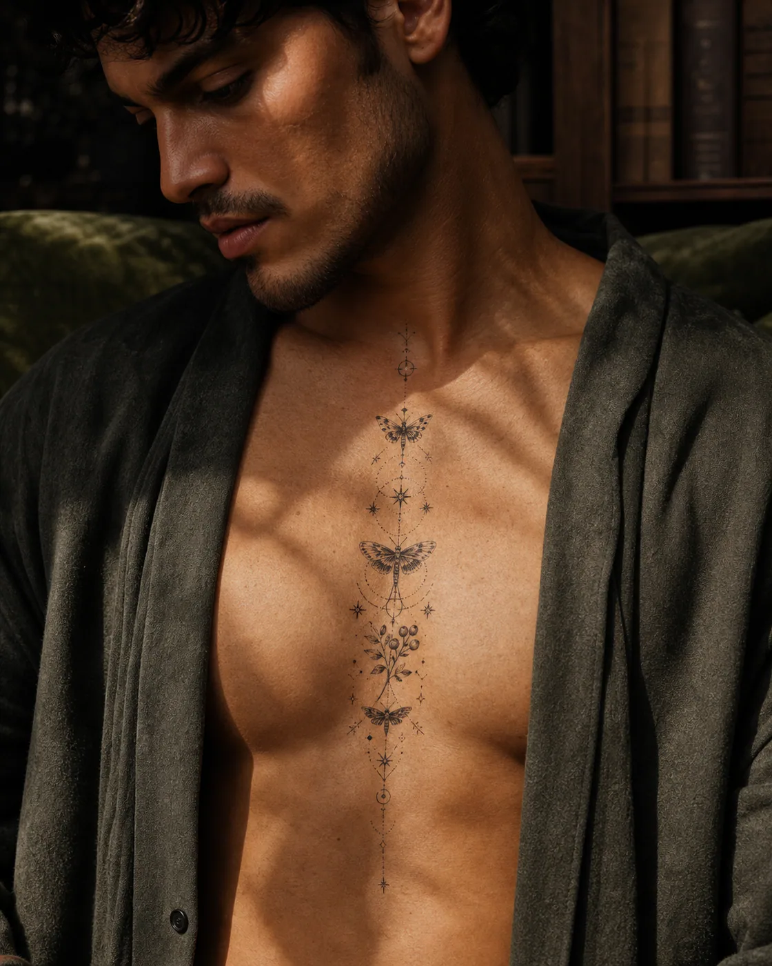 Geometric tattoo of a trail of miniature moths, stars, berries, and sparks on the sternum