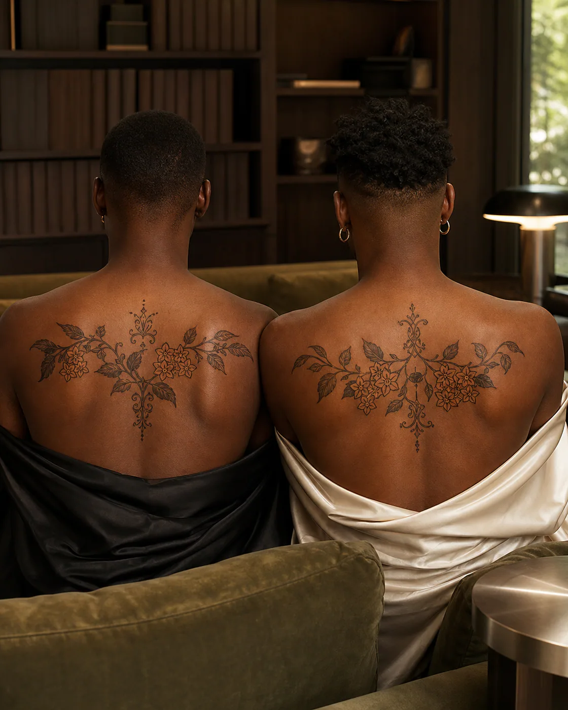 Ornamental tattoo of a climbing hoya vine carrying waxy star-shaped flowers as a complementary couple tattoo pair on the upper back