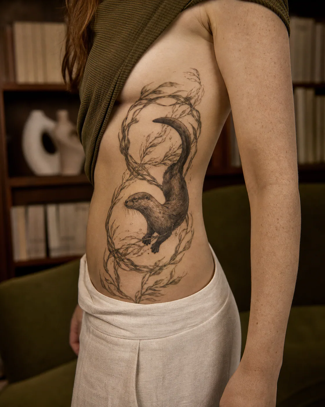 Surrealism tattoo of a river otter turning through rings of waterweed on the side ribs