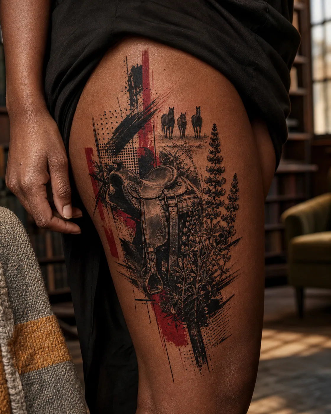 Trash Polka tattoo of a weathered saddle resting beside desert lupine with a three-part family motif on the outer thigh