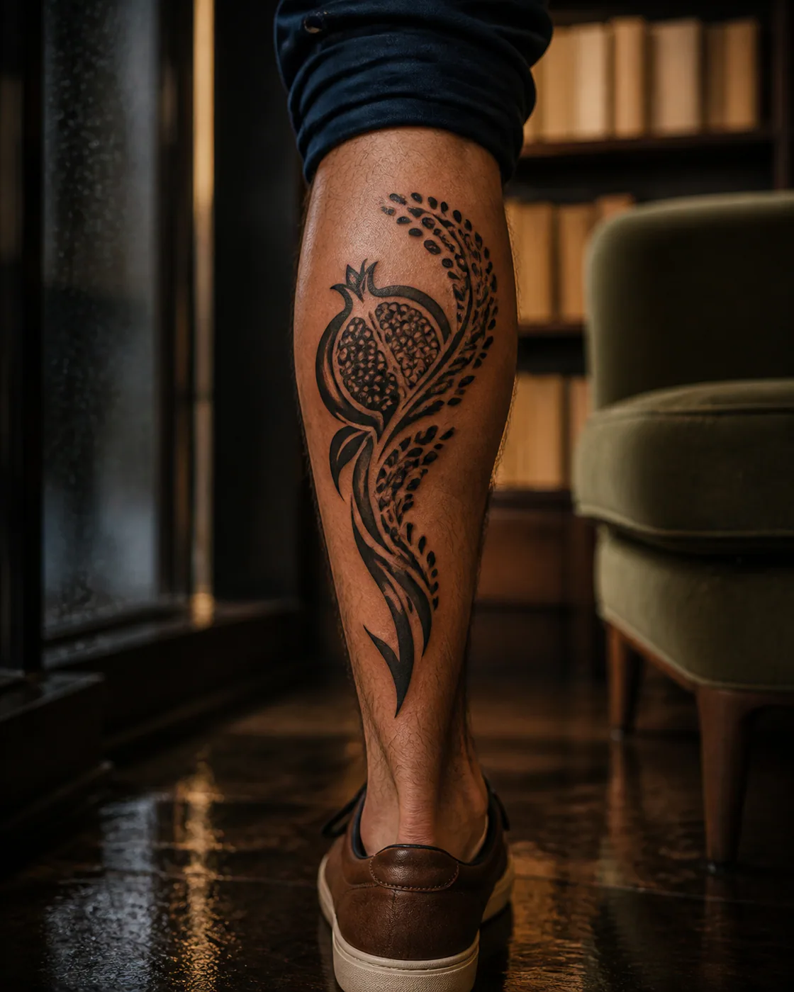 Tribal tattoo of a pomegranate breaking into a controlled arc of seeds on the calf