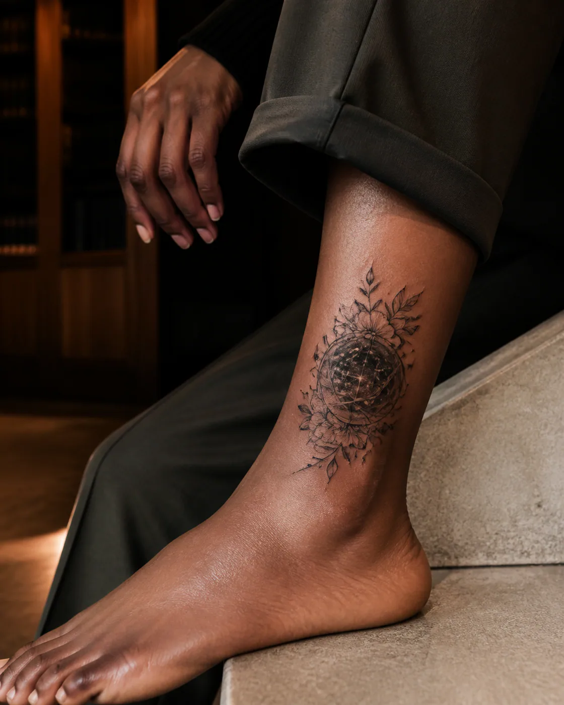 Floral tattoo of a dense star cluster held inside an open orbital cage on the ankle