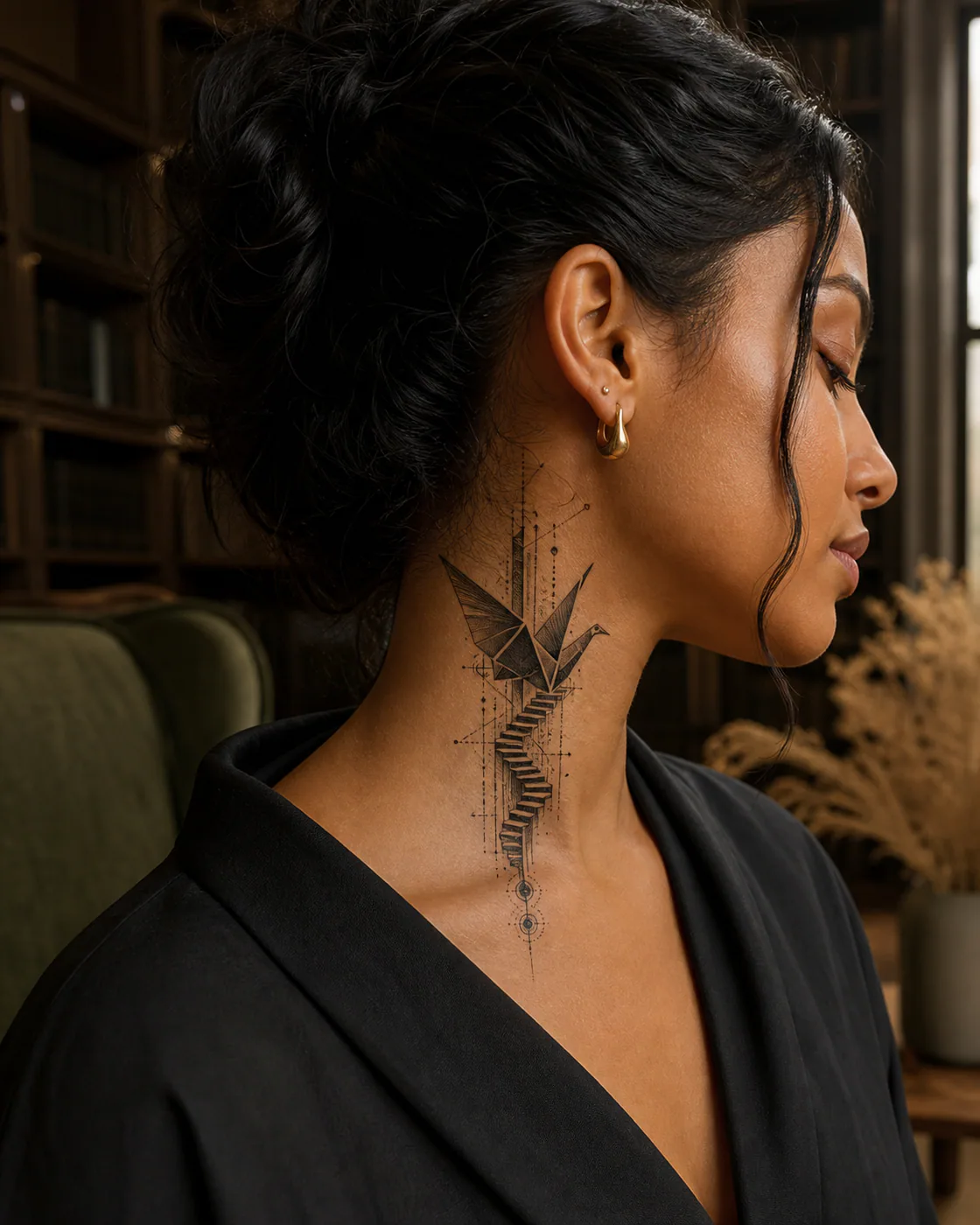 Cybersigilism tattoo of a staircase folding into the wing of a paper bird on the side of neck