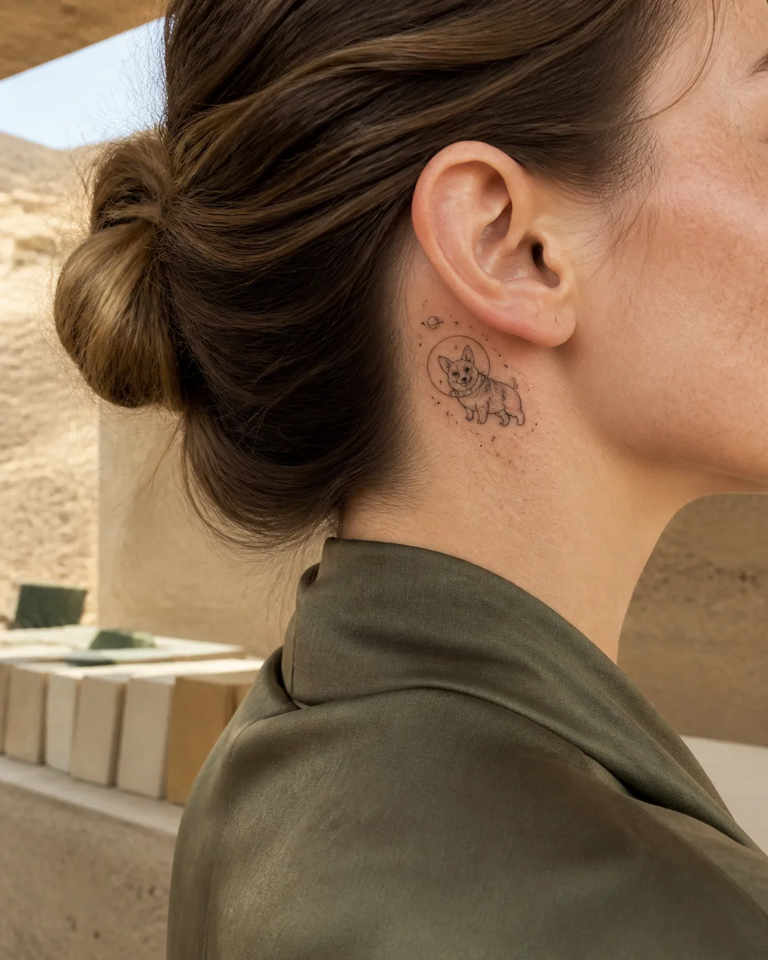 Fine Line tattoo of a corgi floating through space in a clear bubble helmet on the behind the ear
