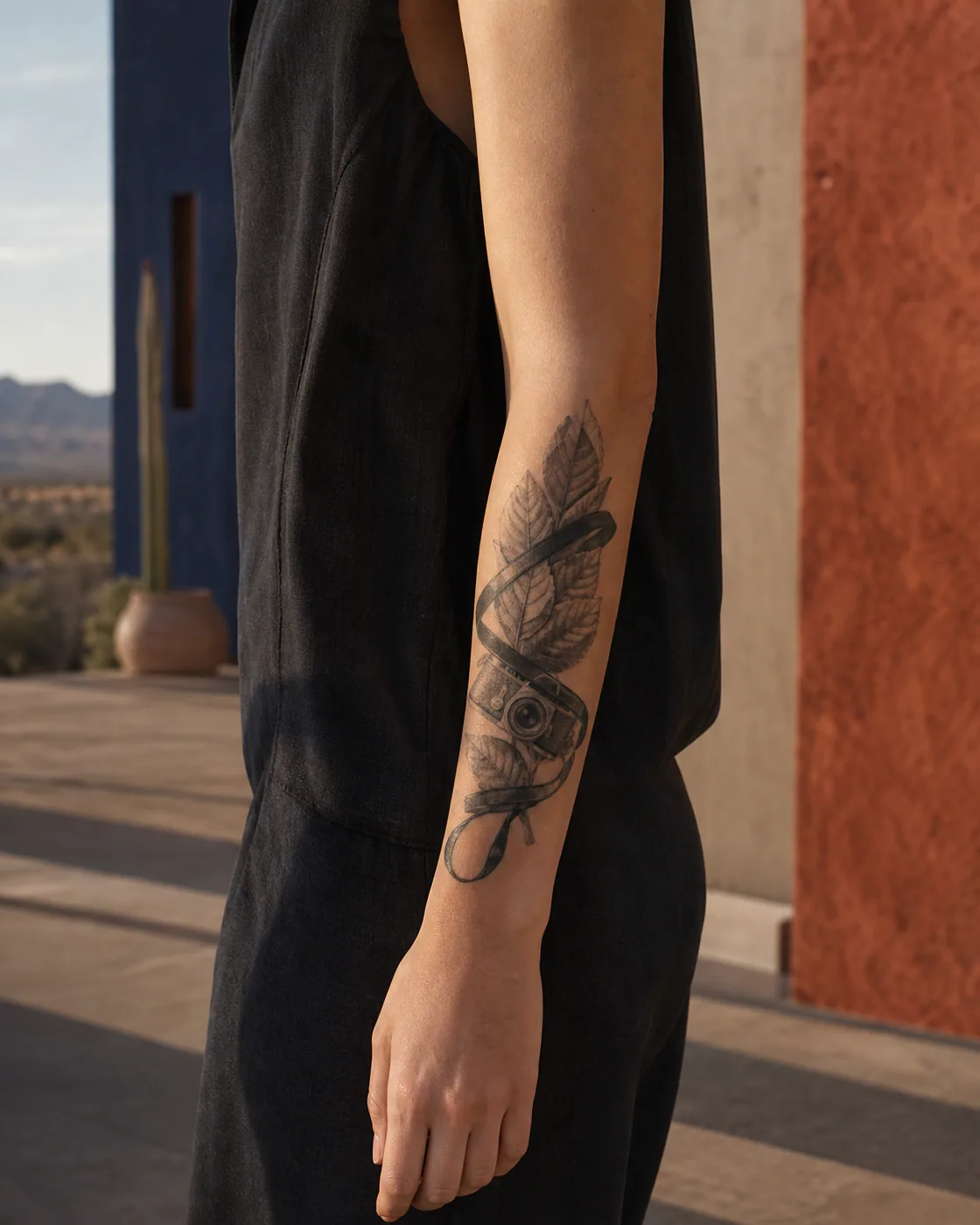 Black and Gray tattoo of an old camera strap wrapped around pressed leaves on the forearm