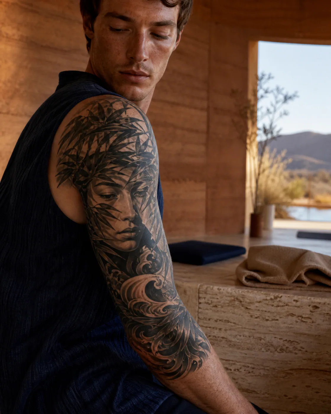 Japanese tattoo of an androgynous face lit through a lattice of leaves executed as a healed cover-up on the half sleeve