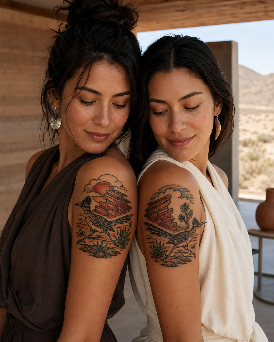 American Traditional tattoo of a roadrunner sprinting past layered sandstone fins as a complementary couple tattoo pair on the shoulder cap