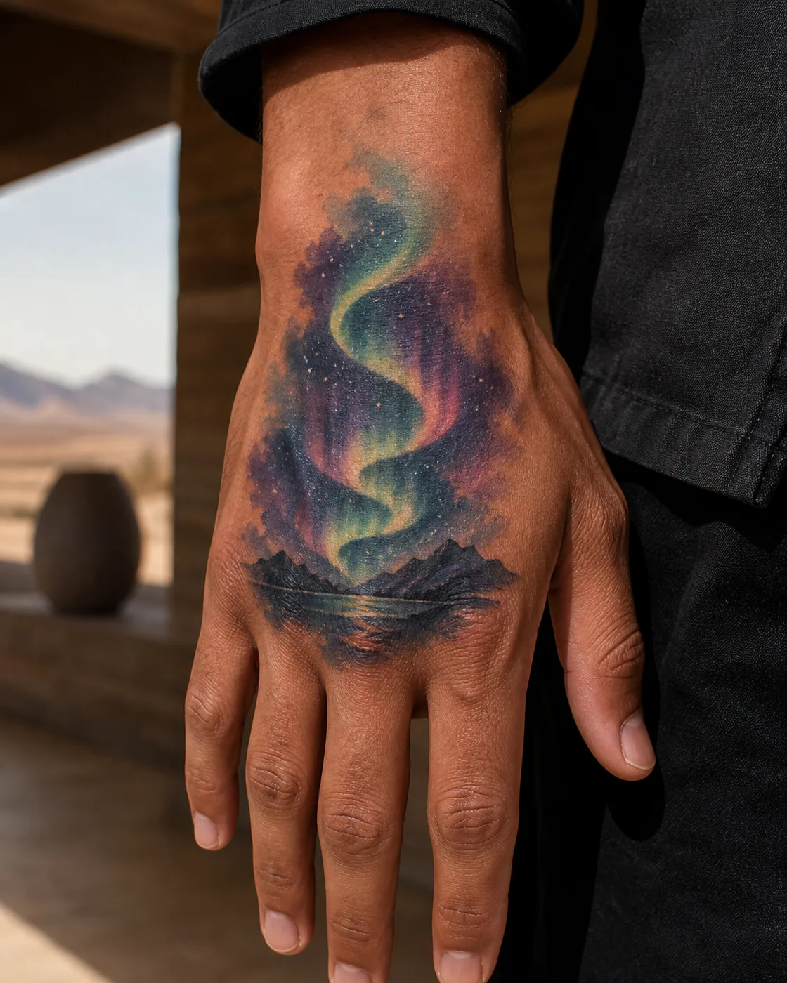 Watercolor tattoo of an aurora ribbon folding above a dark polar horizon on the back of hand