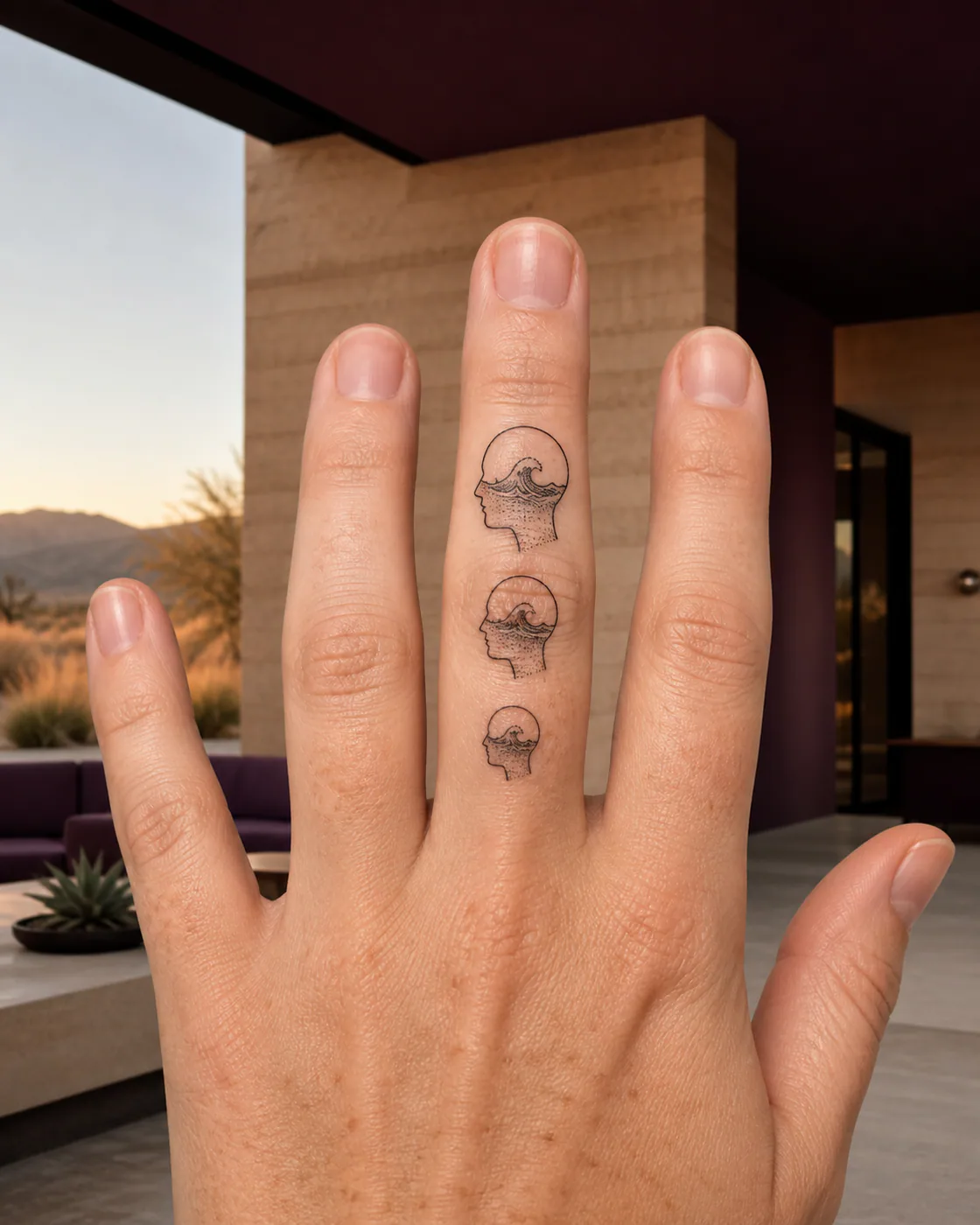Dotwork tattoo of a transparent head containing a slowly rising tide with a three-part family motif on the finger