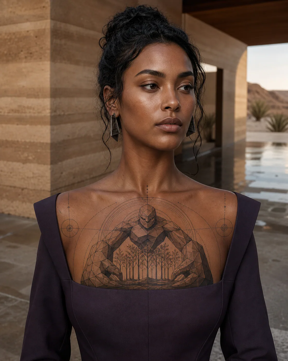 Geometric tattoo of a stone golem sheltering a grove of young trees on the chest