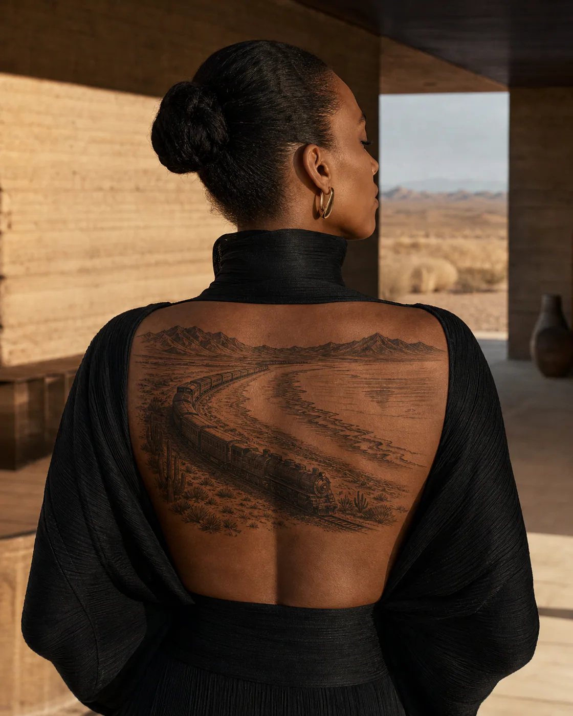 Illustrative tattoo of a desert train tracing the edge of a salt lake on the upper back