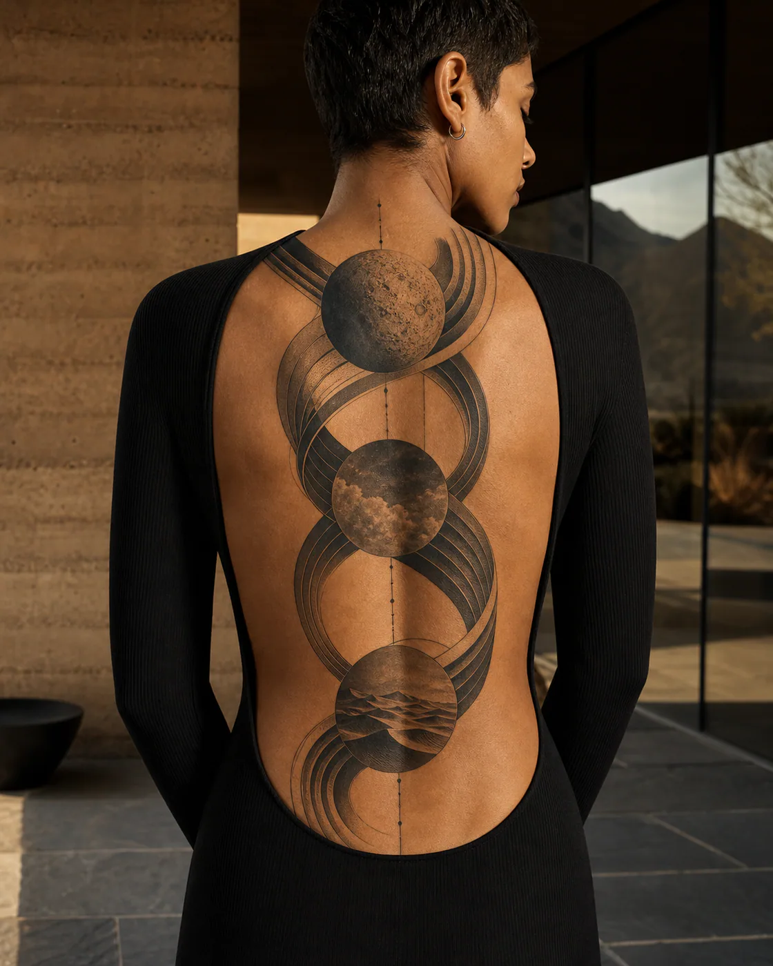Surrealism tattoo of parallel ribbons weaving through three suspended spheres on the full back