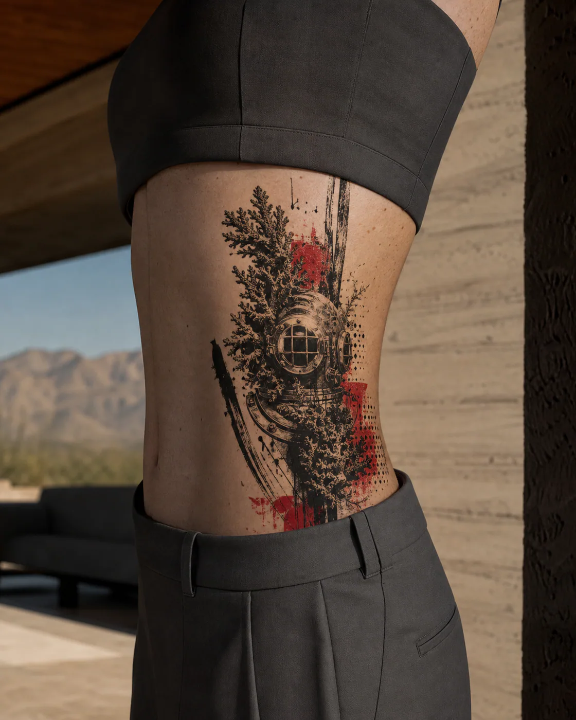Trash Polka tattoo of an antique diving helmet reclaimed by soft coral on the side ribs