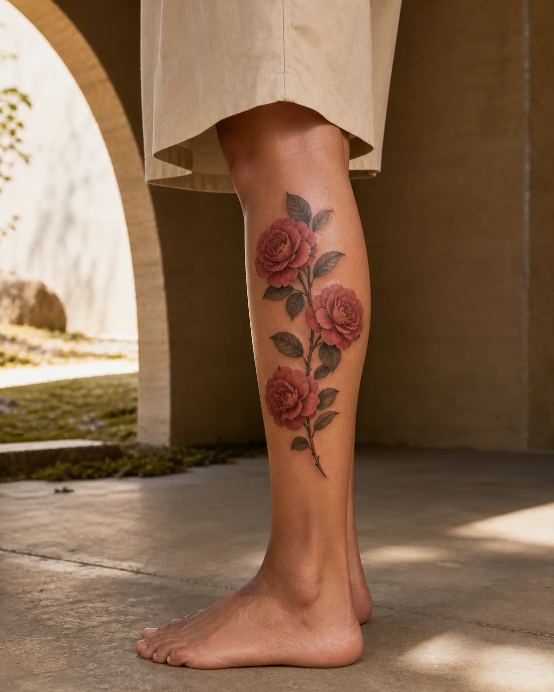 Floral tattoo of three camellias turning around one polished branch on the calf