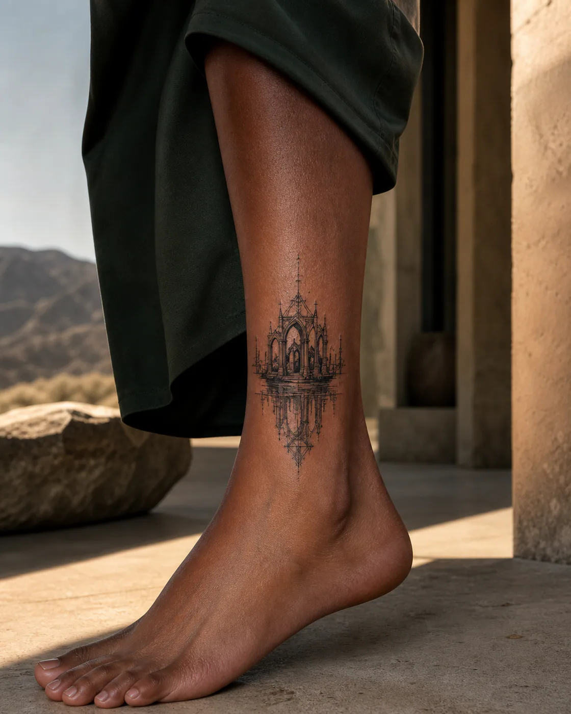 Cybersigilism tattoo of a ruined cloister reflected in a shallow rain pool on the ankle