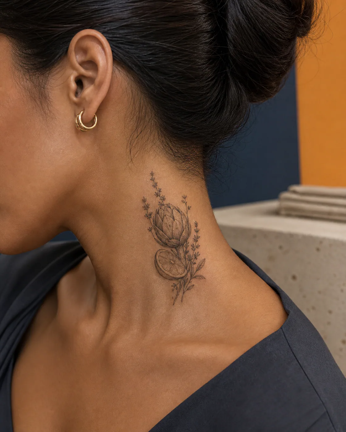 Fine Line tattoo of an artichoke heart arranged with lemon and thyme on the side of neck