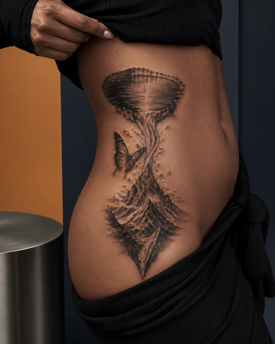Black and Gray tattoo of a mountain peak pouring upward into an inverted lake with an integrated butterfly on the hip