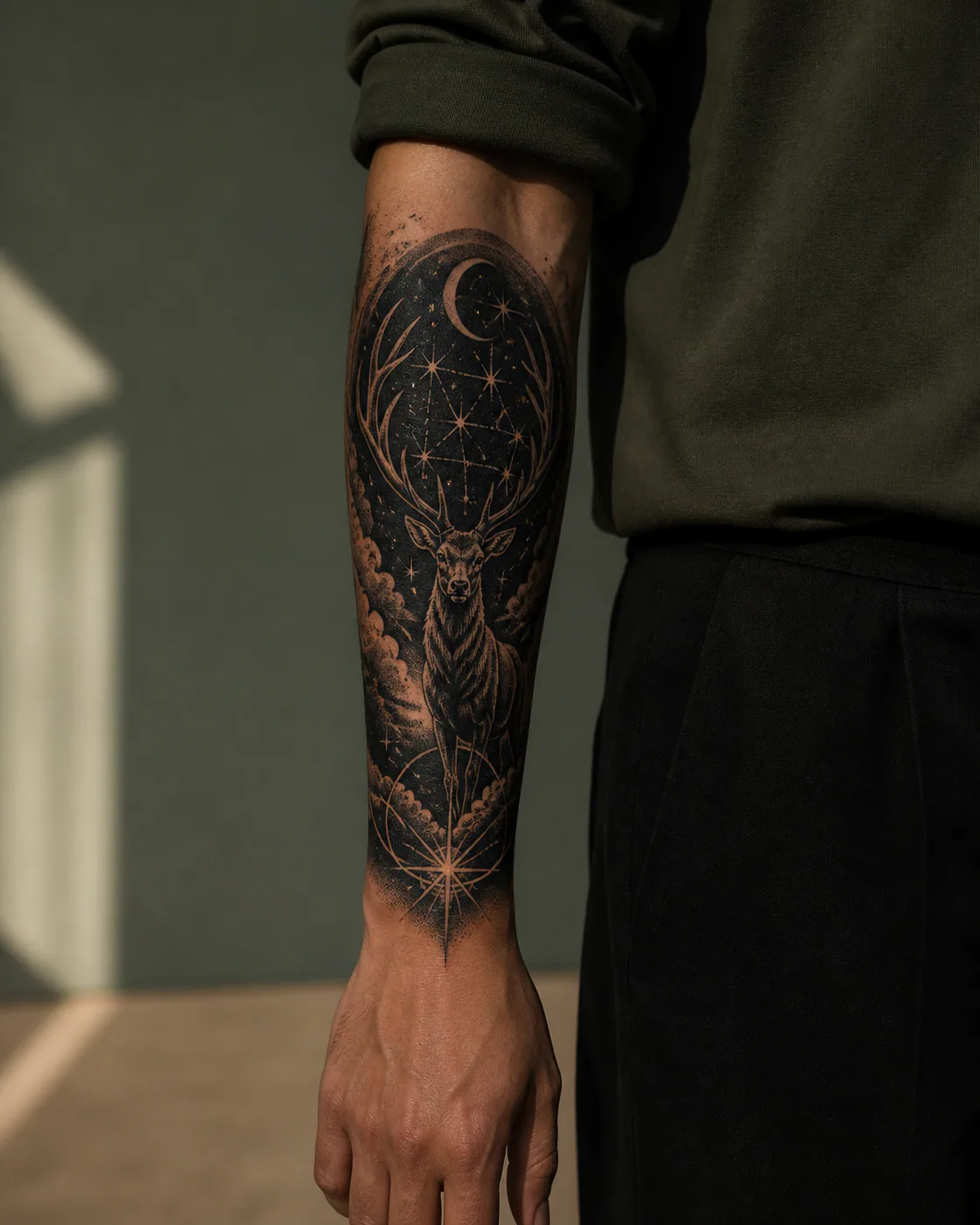 Blackwork tattoo of a celestial deer carrying constellations between its antlers executed as a healed cover-up on the forearm
