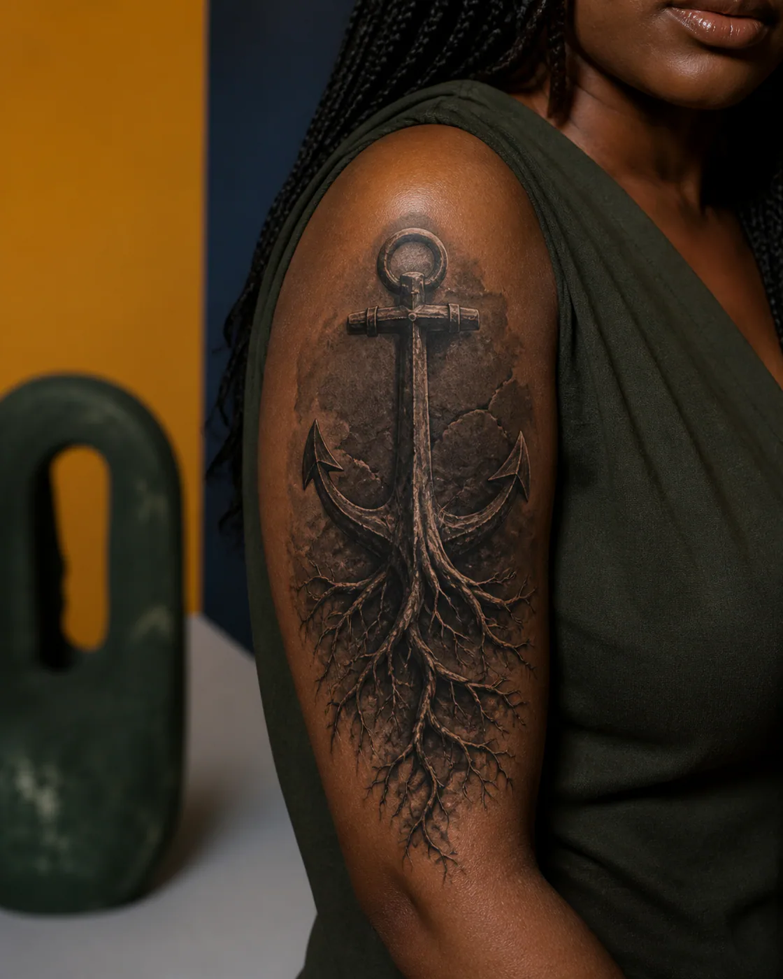 Realism tattoo of a weathered anchor releasing roots instead of rope executed as a healed cover-up on the upper arm