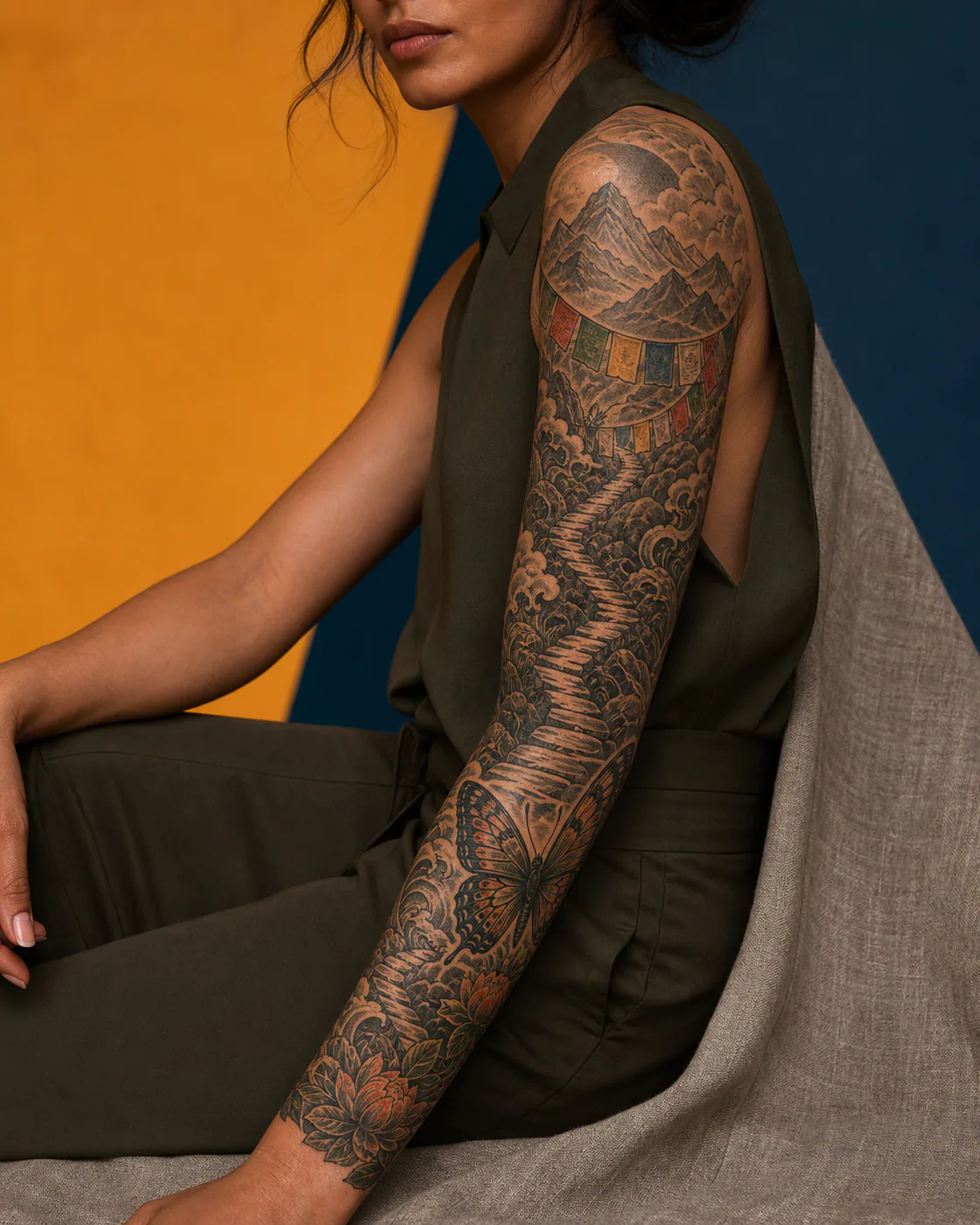 Japanese tattoo of a winding footpath passing beneath alpine prayer flags without text with an integrated butterfly on the full sleeve
