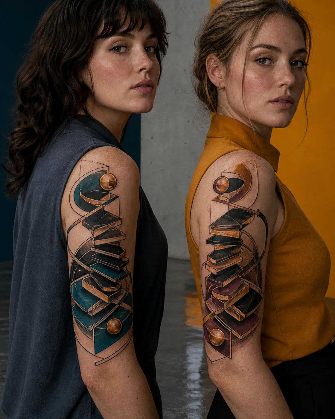 Neo-Traditional tattoo of a stepped spiral built from alternating solid and open planes as a complementary couple tattoo pair on the half sleeve