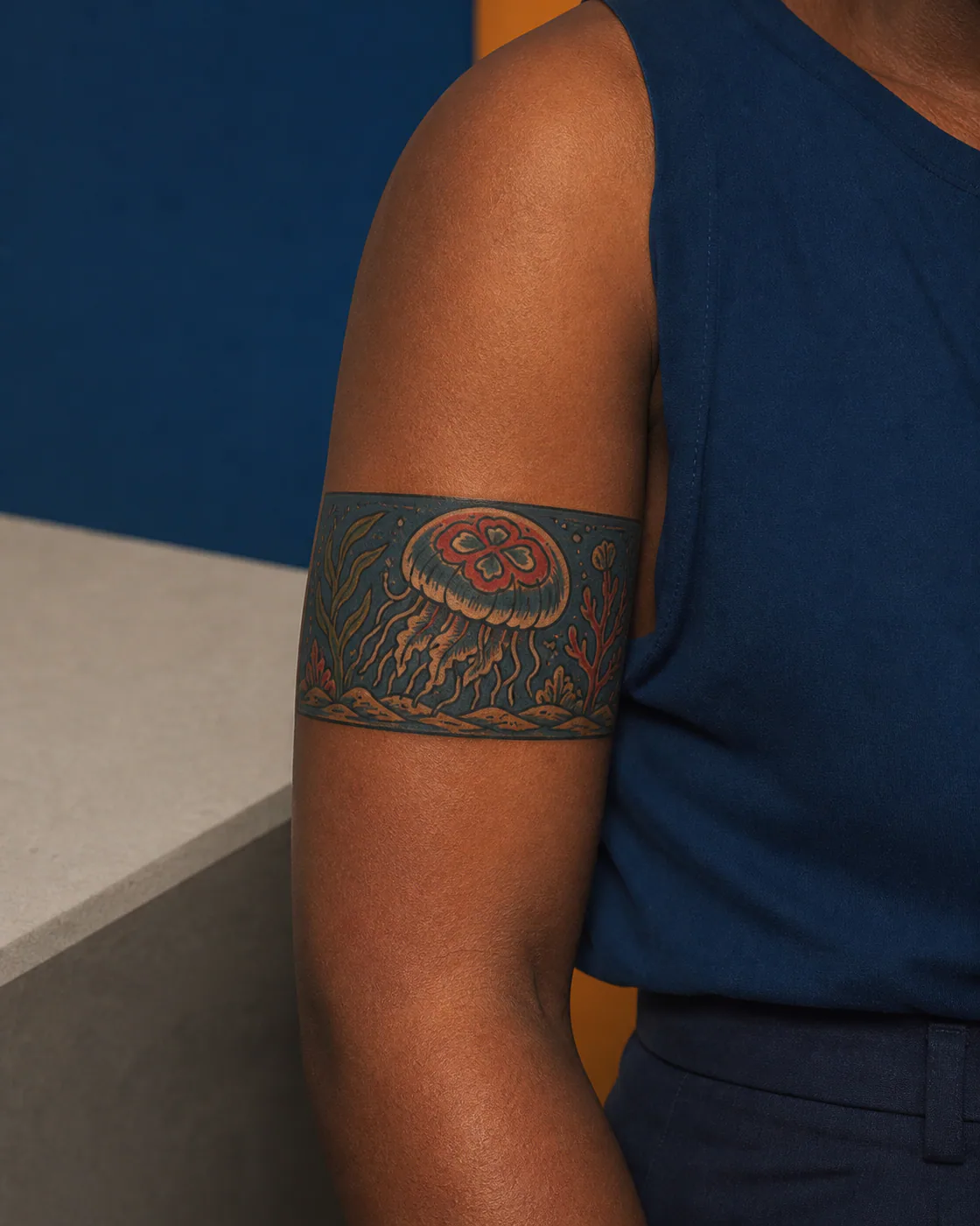 American Traditional tattoo of a moon jelly bloom drifting above a sandy seabed on the armband