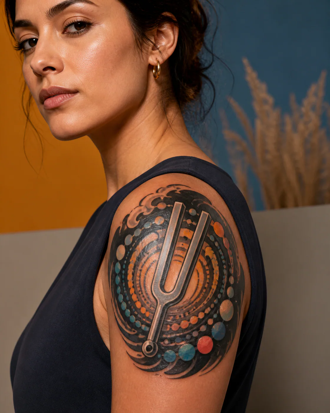 New School tattoo of a tuning fork sending ripples through a field of dots executed as a healed cover-up on the shoulder cap