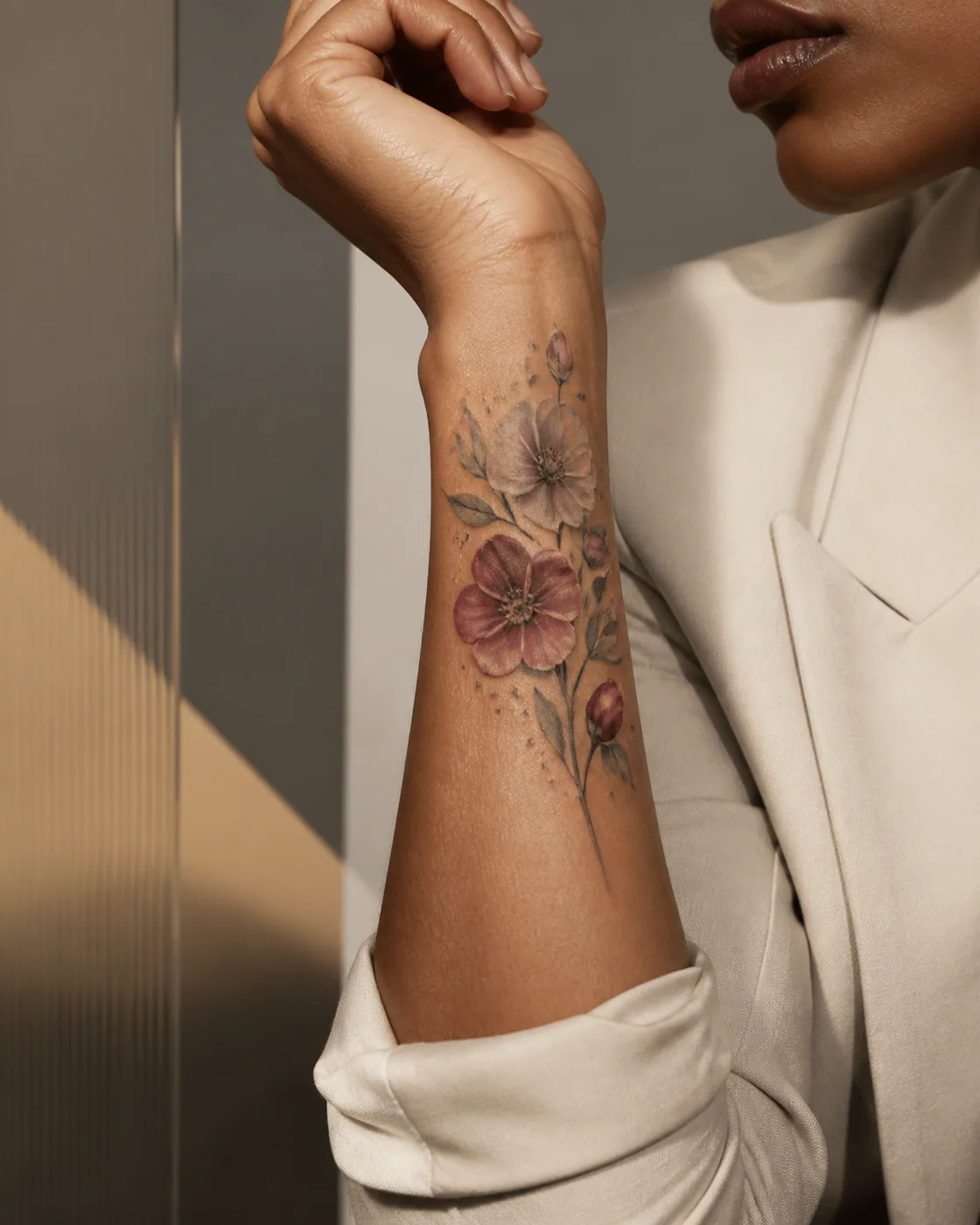 Watercolor tattoo of a winter hellebore cluster cupping beads of rain on the wrist