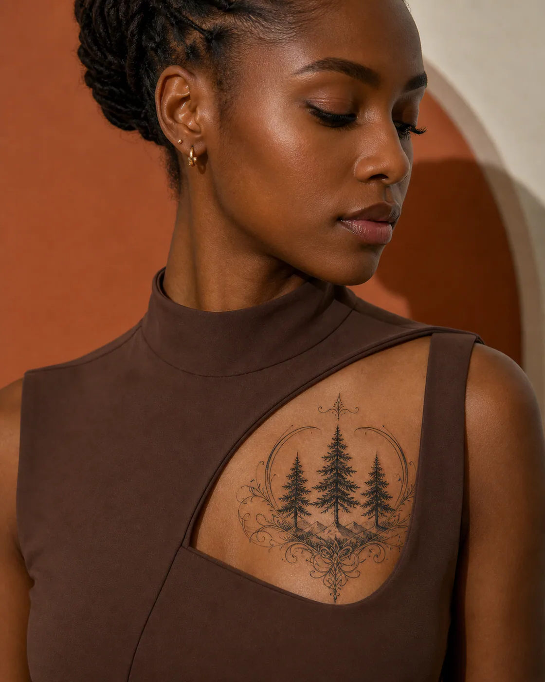 Ornamental tattoo of a cedar grove layered behind drifting mountain snow with a three-part family motif on the chest