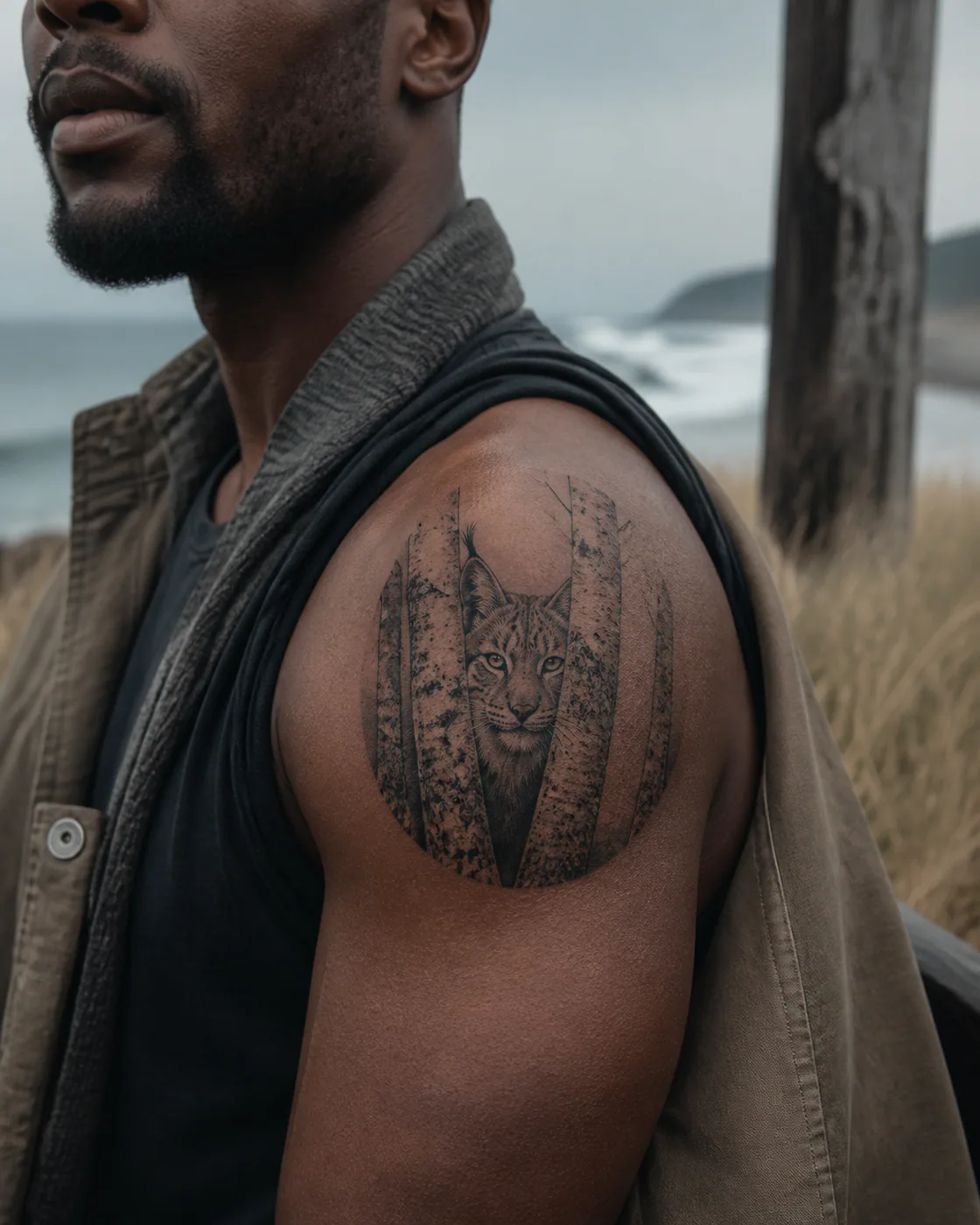 Minimalist tattoo of a lynx emerging between lichen-covered birch trunks on the shoulder cap