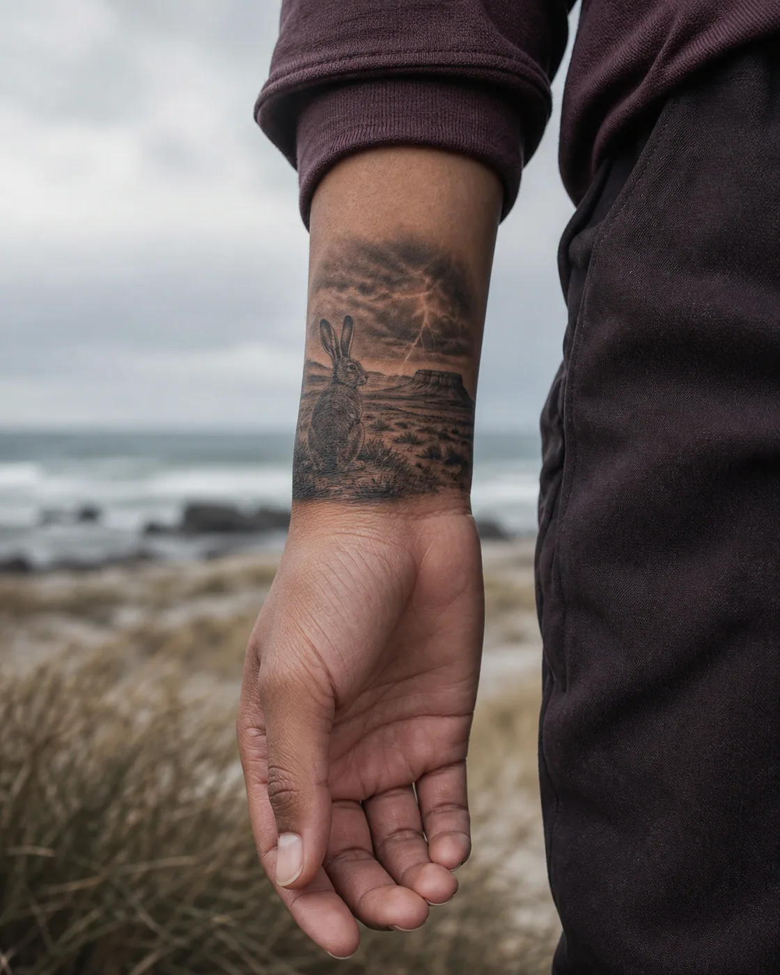 Black and Gray tattoo of a jackrabbit watching lightning over an open mesa on the wrist