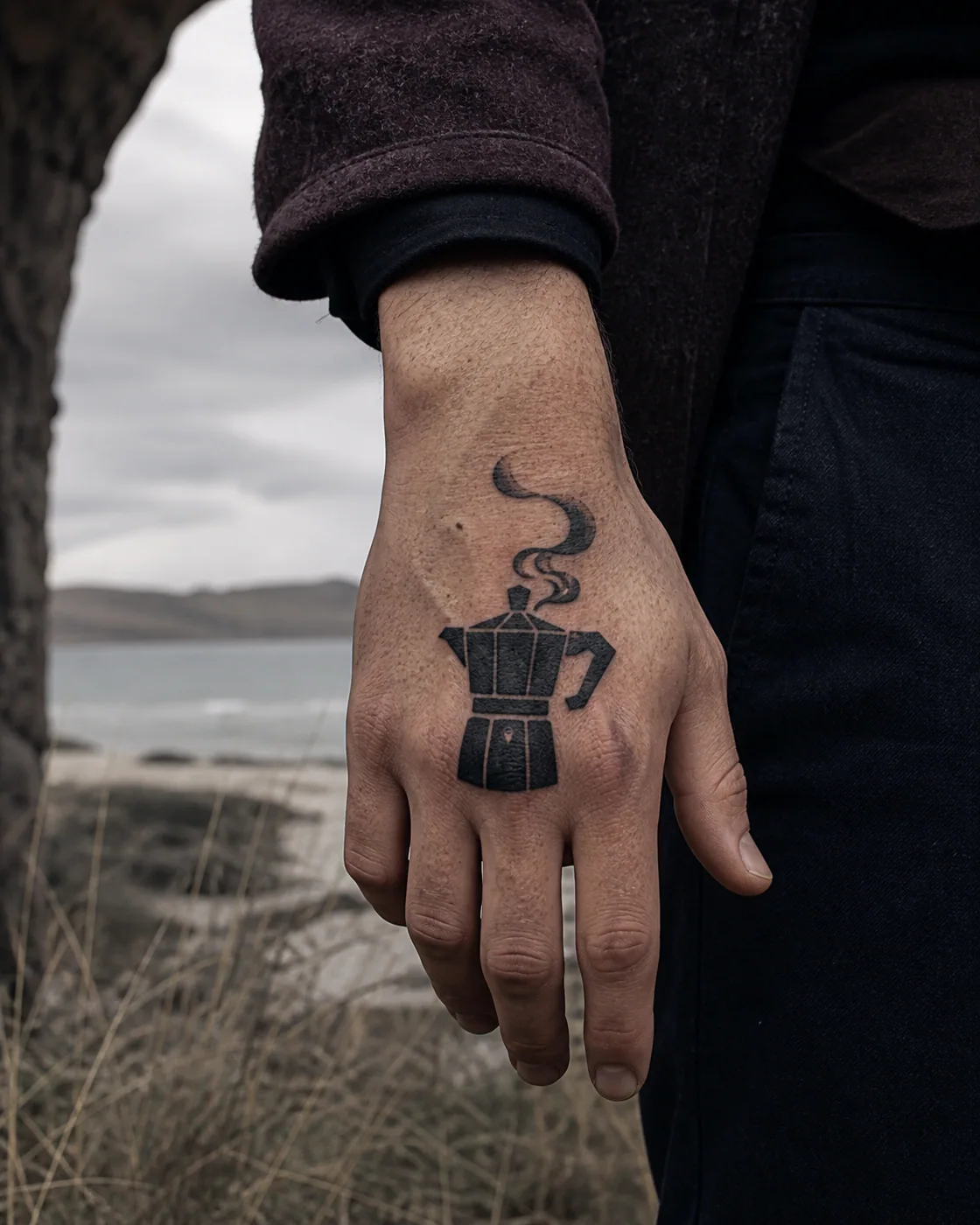 Blackwork tattoo of a moka pot silhouette releasing a curl of cocoa-colored steam on the back of hand