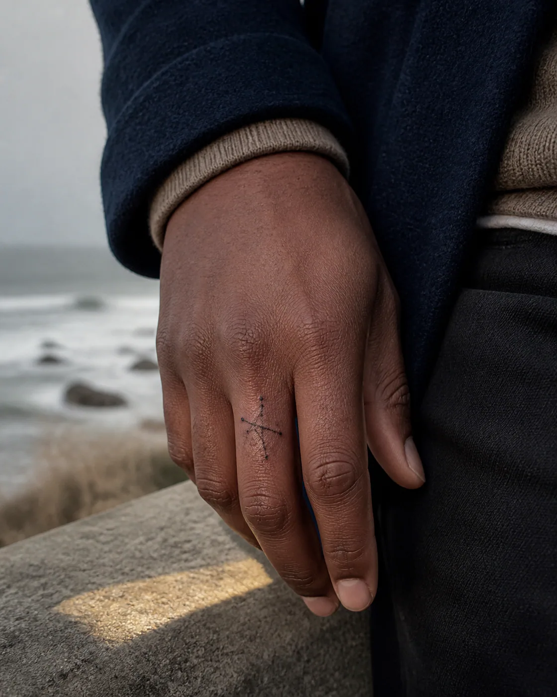 Realism tattoo of two crossing constellations rendered without zodiac symbols with a three-part family motif on the finger